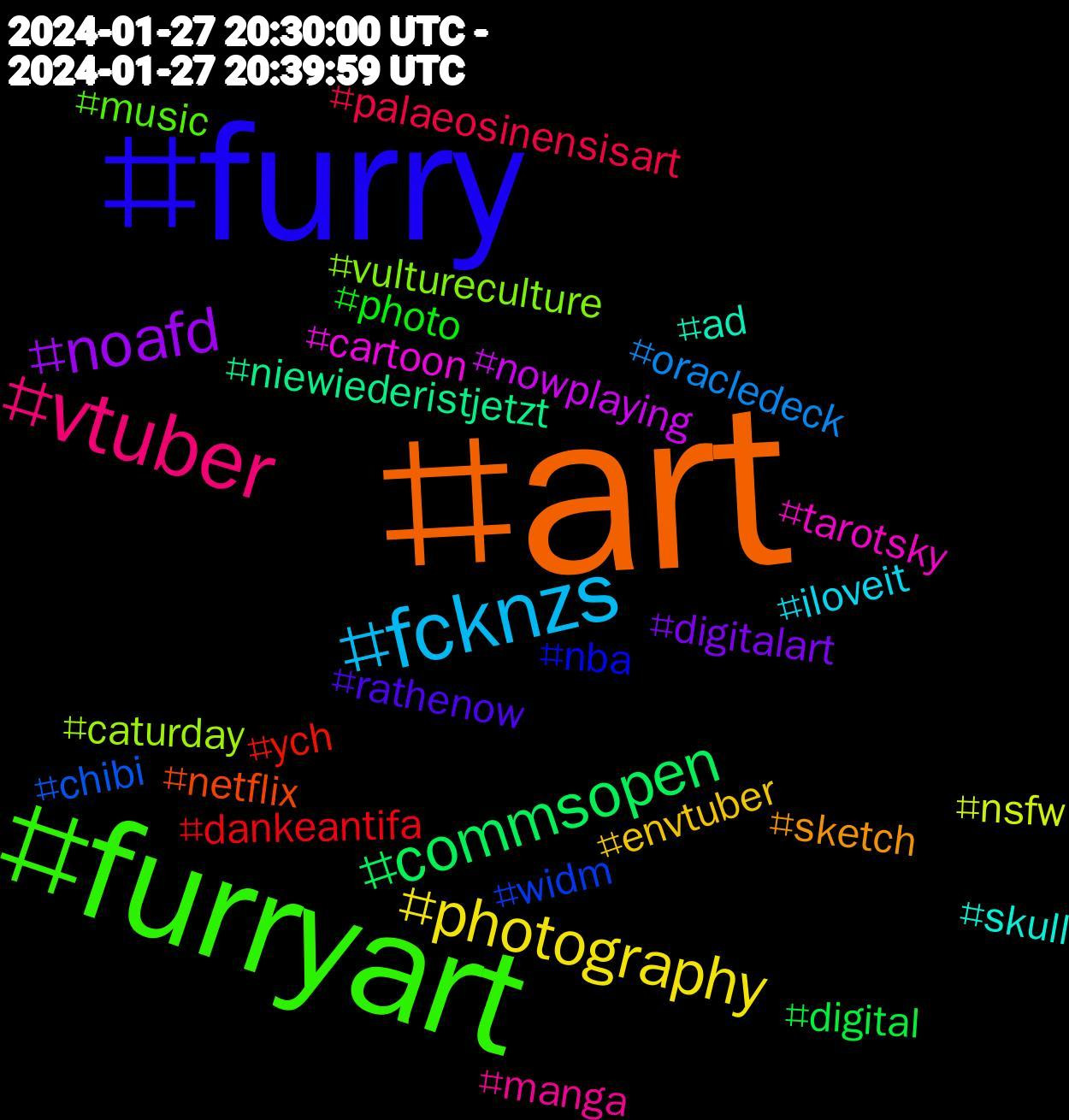 Hashtag Cloud; its hashtagged words/phrases (sorted by weighted frequency, descending):  art, furry, furryart, vtuber, fcknzs, photography, noafd, commsopen, ych, widm, vultureculture, tarotsky, skull, sketch, rathenow, photo, palaeosinensisart, oracledeck, nsfw, nowplaying, niewiederistjetzt, netflix, nba, music, manga, iloveit, envtuber, digitalart, digital, dankeantifa, chibi, caturday, cartoon, ad