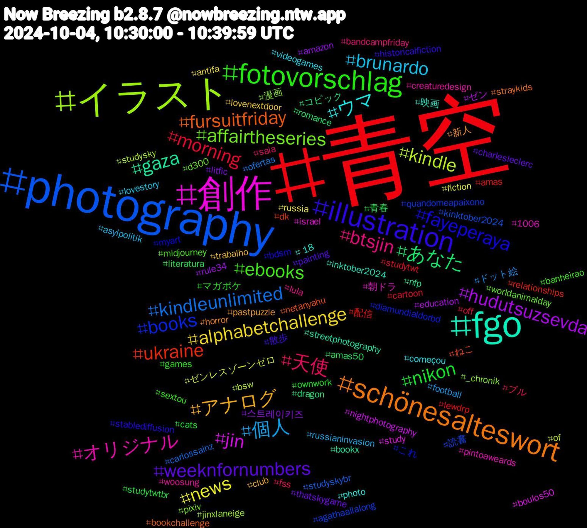 Hashtag Cloud; its hashtagged words/phrases (sorted by weighted frequency, descending):  青空, photography, イラスト, 創作, fgo, schönesalteswort, illustration, fotovorschlag, 天使, 個人, news, hudutsuzsevda, あなた, ukraine, books, affairtheseries, オリジナル, ウマ, アナログ, weeknfornumbers, nikon, morning, kindleunlimited, kindle, jin, gaza, fursuitfriday, fayeperaya, ebooks, btsjin, brunardo, alphabetchallenge, 스트레이키즈, 青春, 配信, 読書, 漫画, 朝ドラ, 映画, 新人, 散歩, マガポケ, ブル, ドット絵, ゼンレスゾーンゼロ, ゼン, コピック, ねこ, これ, worldanimalday, woosung, videogames, trabalho, thatskygame, studytwtbr, studytwt, studyskybr, studysky, study, streetphotography, straykids, stablediffusion, sextou, saia, russianinvasion, russia, rule34, romance, relationships, quandomeapaixono, pixiv, pintoaweards, photo, pastpuzzle, painting, ownwork, off, ofertas, of, nightphotography, nfp, netanyahu, myart, midjourney, lula, lovestory, lovenextdoor, litfic, literatura, lewdrp, kinktober2024, jinxlaneige, israel, inktober2024, horror, historicalfiction, games, fss, football, fiction, education, dragon, dk, diamundialdorbd, d300, creaturedesign, começou, club, charlesleclerc, cats, cartoon, carlossainz, bsw, boulos50, bookx, bookchallenge, bdsm, banheirao, bandcampfriday, asylpolitik, antifa, amazon, amas50, amas, agathaallalong, _chronik, 1006, +18