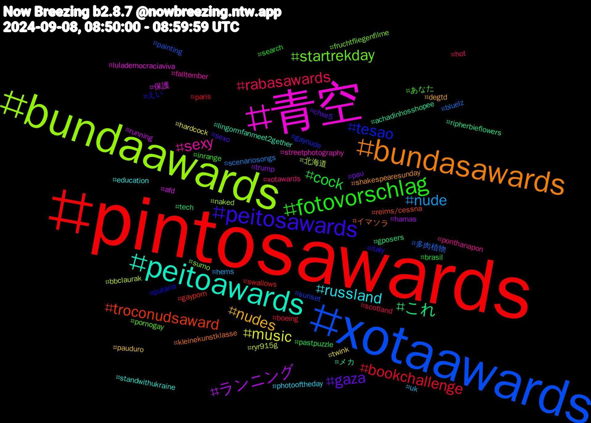 Hashtag Cloud; its hashtagged words/phrases (sorted by weighted frequency, descending):  pintosawards, xotaawards, bundaawards, 青空, peitoawards, bundasawards, peitosawards, fotovorschlag, rabasawards, nude, music, ランニング, これ, troconudsaward, tesao, startrekday, sexy, russland, nudes, gaza, cock, bookchallenge, 多肉植物, 北海道, 保護, メカ, イマソラ, えい, あなた, xotawards, uk, twink, trump, tech, swallows, sunset, sumo, streetphotography, standwithukraine, shakespearesunday, sexo, search, scotland, scenariosongs, ryr915g, running, ripherbieflowers, reims/cessna, putaria, pornogay, ponthanapon, photooftheday, pauduro, pau, pastpuzzle, paris, painting, naked, lulademocraciaviva, lingormfanmeet2gether, kleinekunstklasse, italy, inrange, hot, hems, hardcock, hamas, gposers, gayporn, gaynude, fruchtfliegenfilme, falltember, education, degtd, chxe5, brasil, boeing, bluelz, bbclaurak, afd, achadinhosshopee