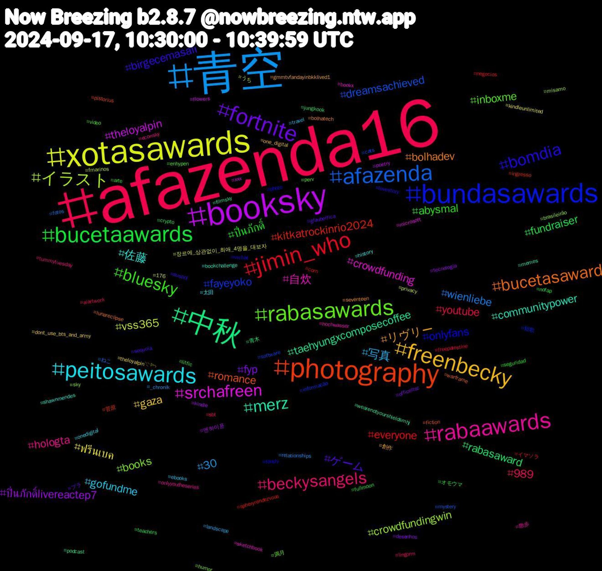 Hashtag Cloud; its hashtagged words/phrases (sorted by weighted frequency, descending):  afazenda16, 青空, xotasawards, booksky, 中秋, photography, bundasawards, rabasawards, rabaawards, peitosawards, freenbecky, fortnite, bucetaawards, jimin_who, afazenda, イラスト, srchafreen, merz, bucetasaward, bomdia, bluesky, beckysangels, 写真, ฟรีนเบค, ปิ่นภักดิ์livereactep7, rabasaward, kitkatrockinrio2024, fayeyoko, books, 自炊, 佐藤, リヴリー, ゲーム, ปิ่นภักดิ์, youtube, wienliebe, vss365, theloyalpin, taehyungxcomposecoffee, romance, onlyfans, inboxme, hologta, gofundme, gaza, fyp, fundraiser, everyone, dreamsachieved, crowdfundingwin, crowdfunding, communitypower, bolhadev, birgecemasalı, abysmal, 989, 30, 장르에_상관없이_최애_4명을_대보자, 엔하이픈, 青木, 菅原, 短歌, 満月, 散歩, 太田, 創作, ブラ, オモウマ, イマソラ, ねこ, うち, xxx, wearenotyourshieldsmhj, warframe, vrchat, video, tummytuesday, travel, theloyalpin𓇢𓆸, tecnología, teachers, spheryrendezvous, software, sky, sketchbook, shawnmendes, seventeen, sequoia, seguridad, sbt, relationships, privacy, poetry, podcast, pistorius, photo, perv, onlyyoutheseries, onedigital, one_digital, officeltsc, nofap, negocios, mystery, misamo, microsoft, memes, lunareclipse, lovestory, litfic, lingorm, landscape, kindleunlimited, kindle, jungkook, ingresso, informação, humor, hochwasser, history, gmmtvfandayinbkklived1, glauberfica, fullmoon, freepalestine, fotos, fmarinos, flowers, filmsky, fiction, fansly, enhypen, econsky, ebooks, dont_use_bts_and_army, desenhos, crypto, corn, cats, brasileirão, bookx, bookchallenge, bolhatech, auspol, arte, aiartwork, _chronik, 176