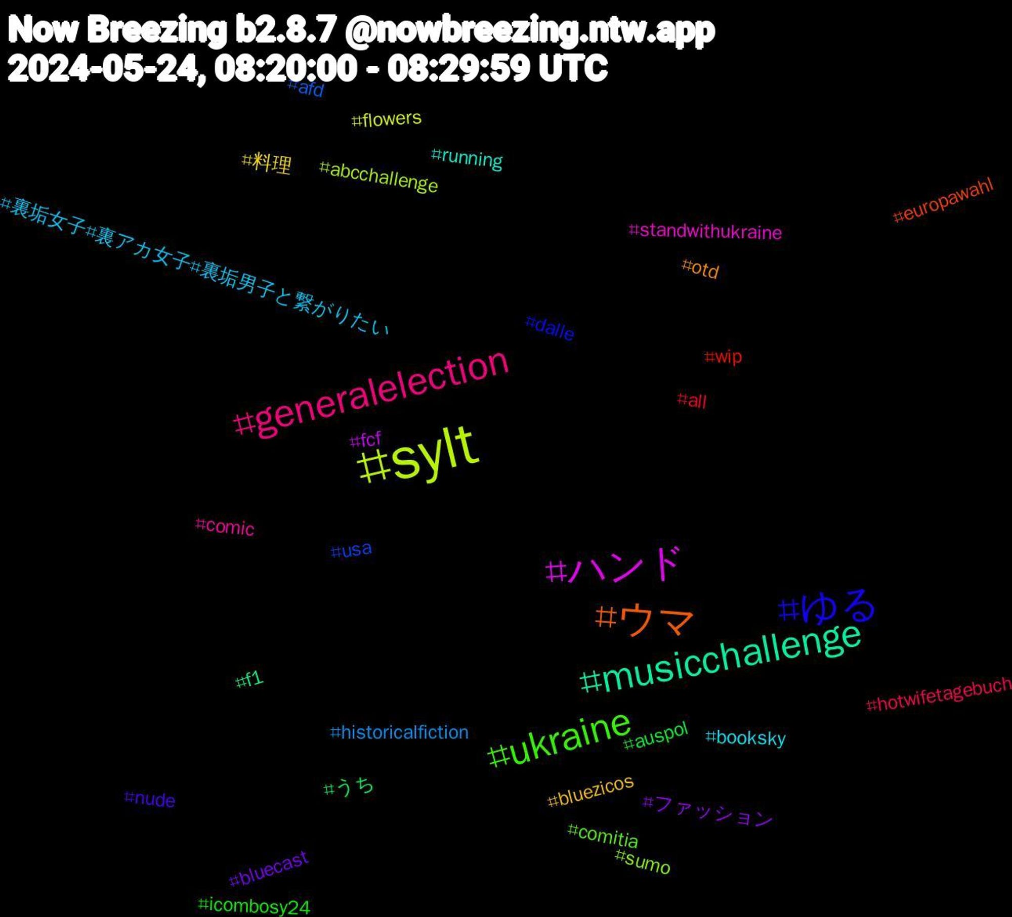 Hashtag Cloud; its hashtagged words/phrases (sorted by weighted frequency, descending):  sylt, ハンド, musicchallenge, ウマ, ゆる, ukraine, generalelection, 裏垢女子#裏アカ女子#裏垢男子と繋がりたい, 料理, ファッション, うち, wip, usa, sumo, standwithukraine, running, otd, nude, icombosy24, hotwifetagebuch, historicalfiction, flowers, fcf, f1, europawahl, dalle, comitia, comic, booksky, bluezicos, bluecast, auspol, all, afd, abcchallenge