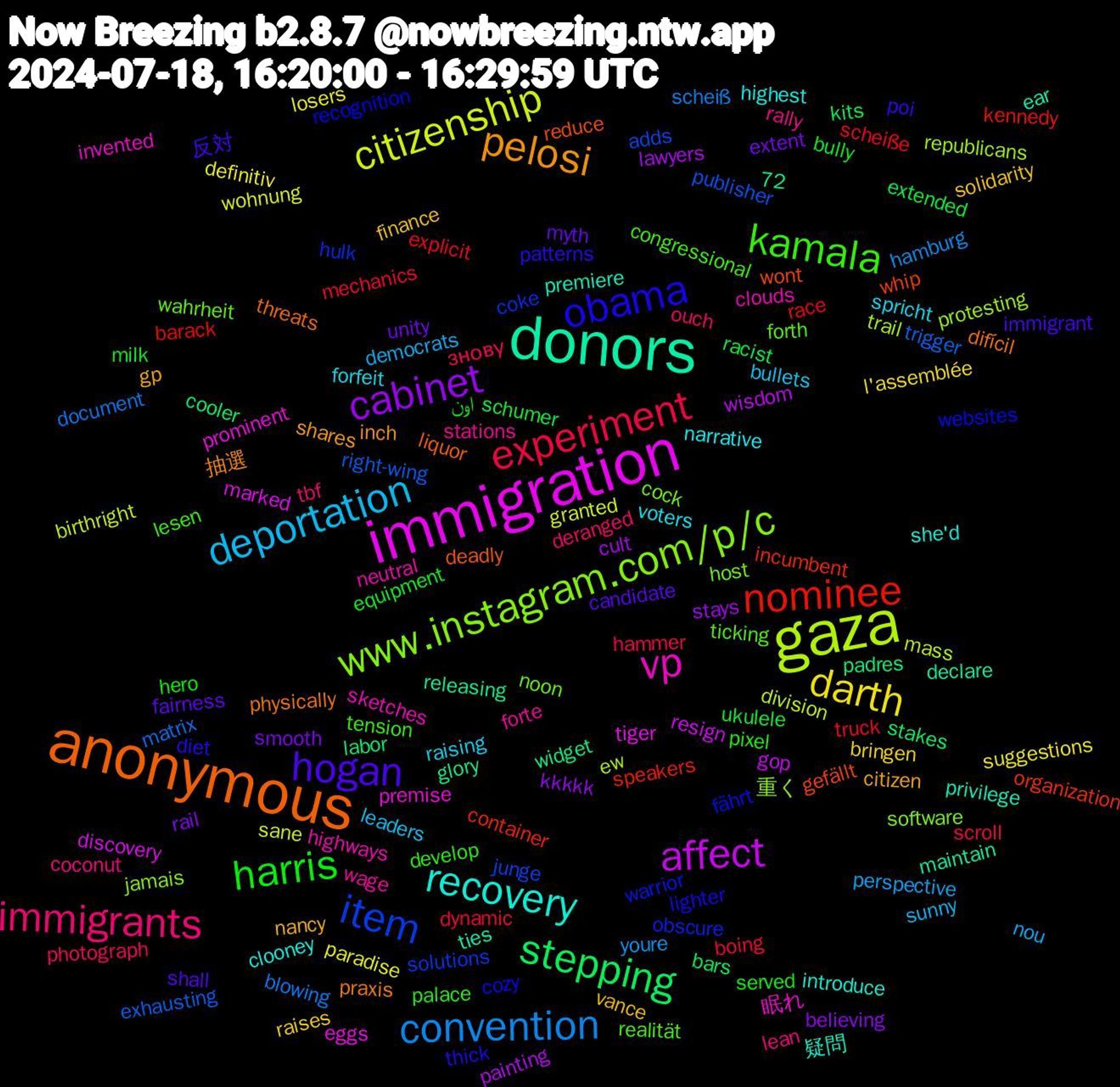 Word Cloud; its top words (sorted by weighted frequency, descending):  gaza, immigration, donors, anonymous, obama, kamala, immigrants, deportation, darth, cabinet, stepping, nominee, item, www.instagram.com/p/c, vp, recovery, pelosi, hogan, harris, experiment, convention, citizenship, affect, wont, websites, ticking, stations, spricht, solidarity, smooth, schumer, scheiße, right-wing, republicans, prominent, privilege, physically, patterns, palace, ouch, nou, losers, lawyers, labor, incumbent, hulk, host, highways, highest, gp, fairness, equipment, dynamic, document, division, discovery, declare, deadly, cozy, congressional, coconut, bullets, bringen, believing, bars, barack, adds, 72, 重く, 眠れ, 疑問, 抽選, 反対, اون, знову, youre, wohnung, wisdom, widget, whip, warrior, wahrheit, wage, voters, vance, unity, ukulele, truck, trigger, trail, tiger, ties, threats, thick, tension, tbf, sunny, suggestions, stays, stakes, speakers, solutions, software, sketches, she'd, shares, shall, served, scroll, scheiß, sane, resign, releasing, reduce, recognition, realität, rally, raising, raises, rail, racist, race, publisher, protesting, premise, premiere, praxis, poi, pixel, photograph, perspective, paradise, painting, padres, organization, obscure, noon, neutral, narrative, nancy, myth, milk, mechanics, matrix, mass, marked, maintain, liquor, lighter, lesen, lean, leaders, l'assemblée, kkkkk, kits, kennedy, junge, jamais, invented, introduce, inch, immigrant, hero, hammer, hamburg, granted, gop, glory, gefällt, fährt, forth, forte, forfeit, finance, extent, extended, explicit, exhausting, ew, eggs, ear, difícil, diet, develop, deranged, democrats, definitiv, cult, cooler, container, coke, cock, clouds, clooney, citizen, candidate, bully, boing, blowing, birthright