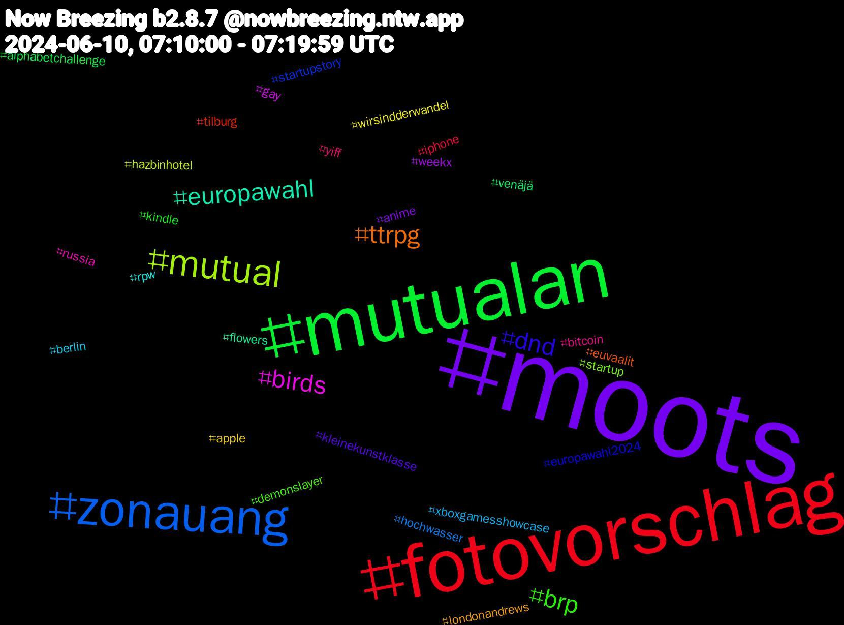 Hashtag Cloud; its hashtagged words/phrases (sorted by weighted frequency, descending):  moots, mutualan, fotovorschlag, zonauang, mutual, birds, europawahl, ttrpg, dnd, brp, yiff, xboxgamesshowcase, wirsindderwandel, weekx, venäjä, tilburg, startupstory, startup, russia, rpw, londonandrews, kleinekunstklasse, kindle, iphone, hochwasser, hazbinhotel, gay, flowers, euvaalit, europawahl2024, demonslayer, bitcoin, berlin, apple, anime, alphabetchallenge