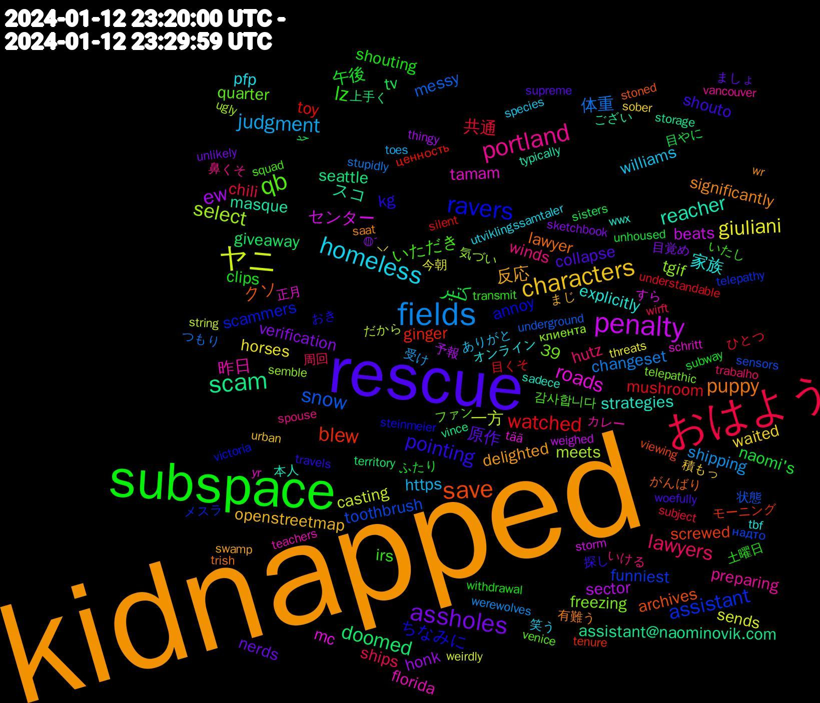 Word Cloud; its top words (sorted by weighted frequency, descending):  kidnapped, rescue, subspace, おはよう, fields, ヤニ, penalty, scam, save, ravers, qb, portland, homeless, characters, assholes, كتير, watched, snow, select, roads, reacher, puppy, pointing, lz, lawyers, judgment, giuliani, ew, doomed, blew, assistant, 昨日, 家族, 反応, 原作, 午後, 共通, 体重, 一方, センター, スコ, クソ, ちなみに, いただき, winds, williams, waited, verification, tv, toy, toothbrush, tgif, tamam, strategies, significantly, shouto, shouting, ships, shipping, sends, sector, seattle, screwed, scammers, quarter, preparing, pfp, openstreetmap, nerds, naomi's, mushroom, messy, meets, mc, masque, lawyer, kg, irs, hutz, https, horses, honk, giveaway, ginger, funniest, freezing, florida, explicitly, delighted, collapse, clips, chili, changeset, casting, beats, assistant@naominovik.com, archives, annoy, 39, 감사합니다, 鼻くそ, 笑う, 積もっ, 目覚め, 目やに, 目くそ, 状態, 気づい, 正月, 本人, 有難う, 探し, 土曜日, 周回, 受け, 今朝, 予報, 上手く, モーニング, メスラ, ファン, カレー, オンライン, まじ, ましょ, ふたり, ひとつ, つもり, だから, すら, ござい, がんばり, おき, いたし, いける, ありがと, ⸜⸝, ◍´, حد, ценность, надто, клиента, yr, wwx, wr, woefully, withdrawal, wirft, werewolves, weirdly, weighed, vince, viewing, victoria, venice, vancouver, utviklingssamtaler, urban, unlikely, unhoused, understandable, underground, ugly, tää, typically, trish, travels, transmit, trabalho, toes, threats, thingy, territory, tenure, telepathy, telepathic, teachers, tbf, swamp, supreme, subway, subject, stupidly, string, storm, storage, stoned, steinmeier, squad, spouse, species, sober, sketchbook, sisters, silent, sensors, semble, schritt, sadece, saat