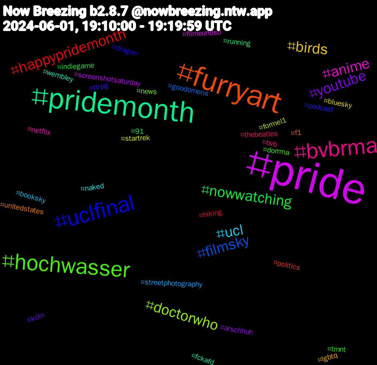 Hashtag Cloud; its hashtagged words/phrases (sorted by weighted frequency, descending):  pride, pridemonth, furryart, uclfinal, hochwasser, bvbrma, ucl, birds, youtube, nowwatching, happypridemonth, filmsky, doctorwho, anime, wembley, unitedstates, ttrpg, tmnt, thebeatles, streetphotography, startrek, screenshotsaturday, running, politics, podcast, news, netflix, naked, lgbtq, köln, indiegame, hiking, goodomens, formel1, filmeundso, fckafd, f1, dragon, dorrma, bvb, booksky, bluesky, arschhuh, 91