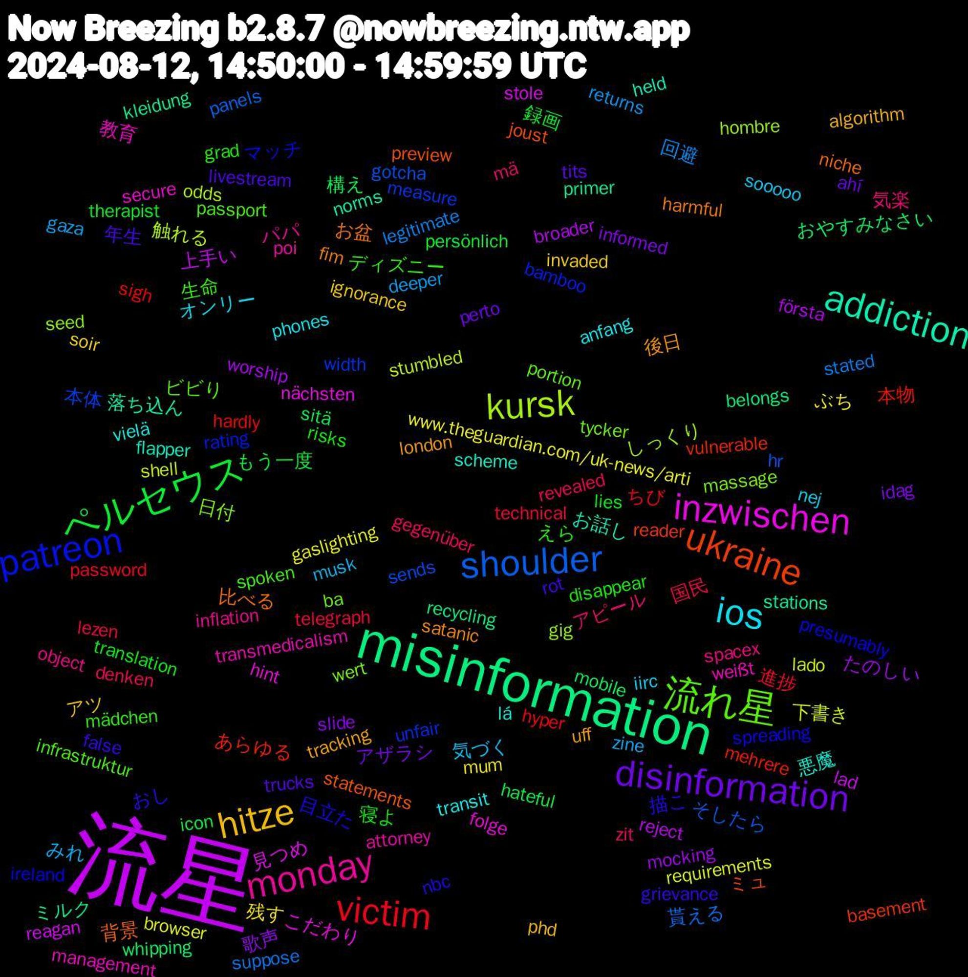 Word Cloud; its top words (sorted by weighted frequency, descending):  流星, misinformation, ukraine, patreon, 流れ星, monday, ios, hitze, disinformation, ペルセウス, victim, shoulder, kursk, inzwischen, addiction, 比べる, 描こ, ディズニー, アピール, みれ, ぶち, たのしい, おやすみなさい, あらゆる, width, wert, weißt, vielä, uff, trucks, translation, telegraph, stated, shell, reagan, primer, preview, presumably, passport, object, nej, invaded, informed, hateful, hardly, gotcha, gig, folge, flapper, fim, false, disappear, denken, deeper, browser, broader, belongs, basement, bamboo, ba, attorney, anfang, algorithm, ahí, 録画, 進捗, 貰える, 触れる, 見つめ, 落ち込ん, 背景, 目立た, 生命, 気楽, 気づく, 残す, 歌声, 構え, 本物, 本体, 日付, 教育, 悪魔, 後日, 年生, 寝よ, 国民, 回避, 下書き, 上手い, ミルク, ミュ, マッチ, ビビり, パパ, オンリー, アツ, アザラシ, もう一度, ちび, そしたら, しっくり, こだわり, お話し, お盆, おし, えら, zit, zine, www.theguardian.com/uk-news/arti, worship, whipping, vulnerable, unfair, tycker, transmedicalism, transit, tracking, tits, therapist, technical, suppose, stumbled, stole, stations, statements, spreading, spoken, spacex, sooooo, soir, slide, sitä, sigh, sends, seed, secure, scheme, satanic, rot, risks, revealed, returns, requirements, reject, recycling, reader, rating, portion, poi, phones, phd, perto, persönlich, password, panels, odds, nächsten, norms, niche, nbc, mädchen, mä, musk, mum, mocking, mobile, mehrere, measure, massage, management, lá, london, livestream, lies, lezen, legitimate, lado, lad, kleidung, joust, ireland, infrastruktur, inflation, iirc, ignorance, idag, icon, hyper, hr, hombre, hint, held, harmful, grievance, grad, gegenüber, gaza, gaslighting, första