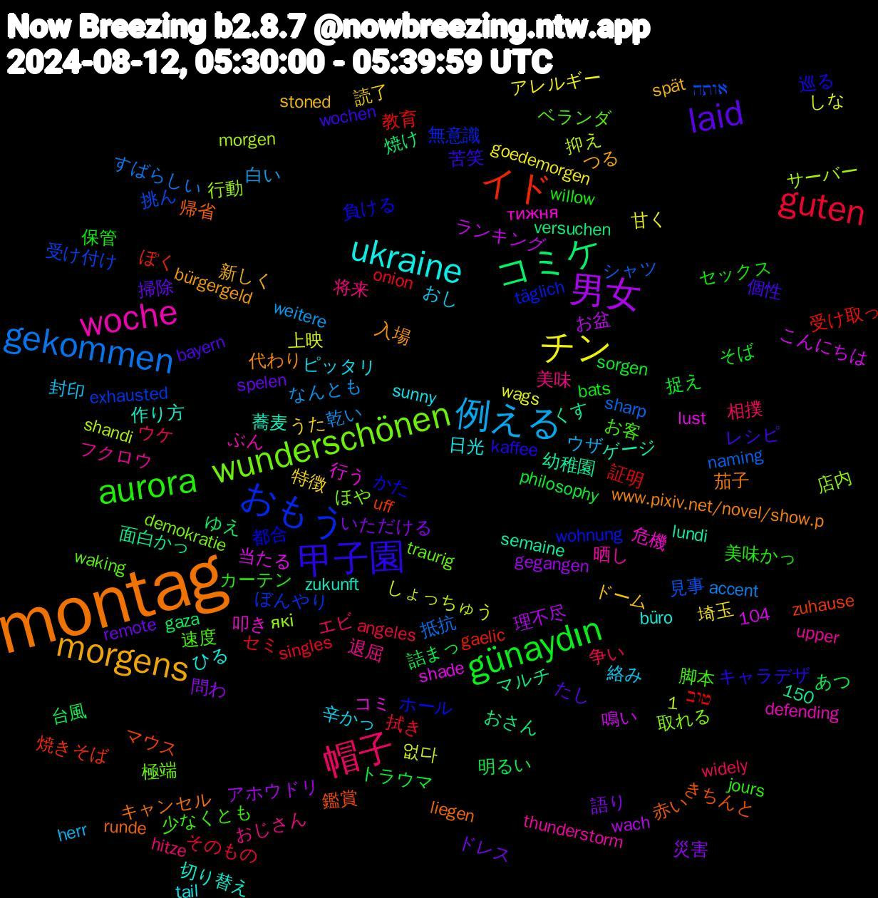 Word Cloud; its top words (sorted by weighted frequency, descending):  montag, 甲子園, aurora, 帽子, 例える, チン, 男女, コミケ, イド, おもう, wunderschönen, woche, ukraine, morgens, laid, günaydın, guten, gekommen, 赤い, 負ける, 脚本, 美味, 絡み, 特徴, 災害, 明るい, 教育, 挑ん, 店内, 叩き, 作り方, 代わり, レシピ, セックス, ウケ, なんとも, しな, お盆, おさん, zuhause, wohnung, waking, upper, sunny, stoned, remote, philosophy, onion, naming, morgen, lust, lundi, liegen, kaffee, jours, hitze, herr, goedemorgen, gegangen, gaza, gaelic, exhausted, demokratie, defending, büro, bürgergeld, bayern, bats, angeles, accent, 104, 1,150, 없다, 鳴い, 面白かっ, 鑑賞, 都合, 速度, 退屈, 辛かっ, 読了, 語り, 詰まっ, 証明, 見事, 行動, 行う, 蕎麦, 茄子, 苦笑, 美味かっ, 相撲, 白い, 甘く, 理不尽, 焼け, 焼きそば, 無意識, 極端, 晒し, 日光, 新しく, 掃除, 捉え, 拭き, 抵抗, 抑え, 当たる, 幼稚園, 帰省, 巡る, 少なくとも, 将来, 封印, 埼玉, 問わ, 台風, 受け取っ, 受け付け, 取れる, 危機, 切り替え, 入場, 個性, 保管, 争い, 乾い, 上映, ランキング, マルチ, マウス, ホール, ベランダ, フクロウ, ピッタリ, ドーム, ドレス, トラウマ, セミ, シャツ, サーバー, コミ, ゲージ, キャンセル, キャラデザ, カーテン, エビ, ウザ, アレルギー, アホウドリ, ゆえ, ぽく, ぼんやり, ほや, ぶん, ひる, つる, たし, そば, そのもの, すばらしい, しょっちゅう, こんにちは, くす, きちんと, かた, お客, おじさん, おし, うた, いただける, あつ, טוב, אותה, які, тижня, zukunft, www.pixiv.net/novel/show.p, wochen, willow, widely, weitere, wags, wach, versuchen, uff, täglich, traurig, thunderstorm, tail, spät, spelen, sorgen, singles, sharp, shandi, shade, semaine, runde, rta