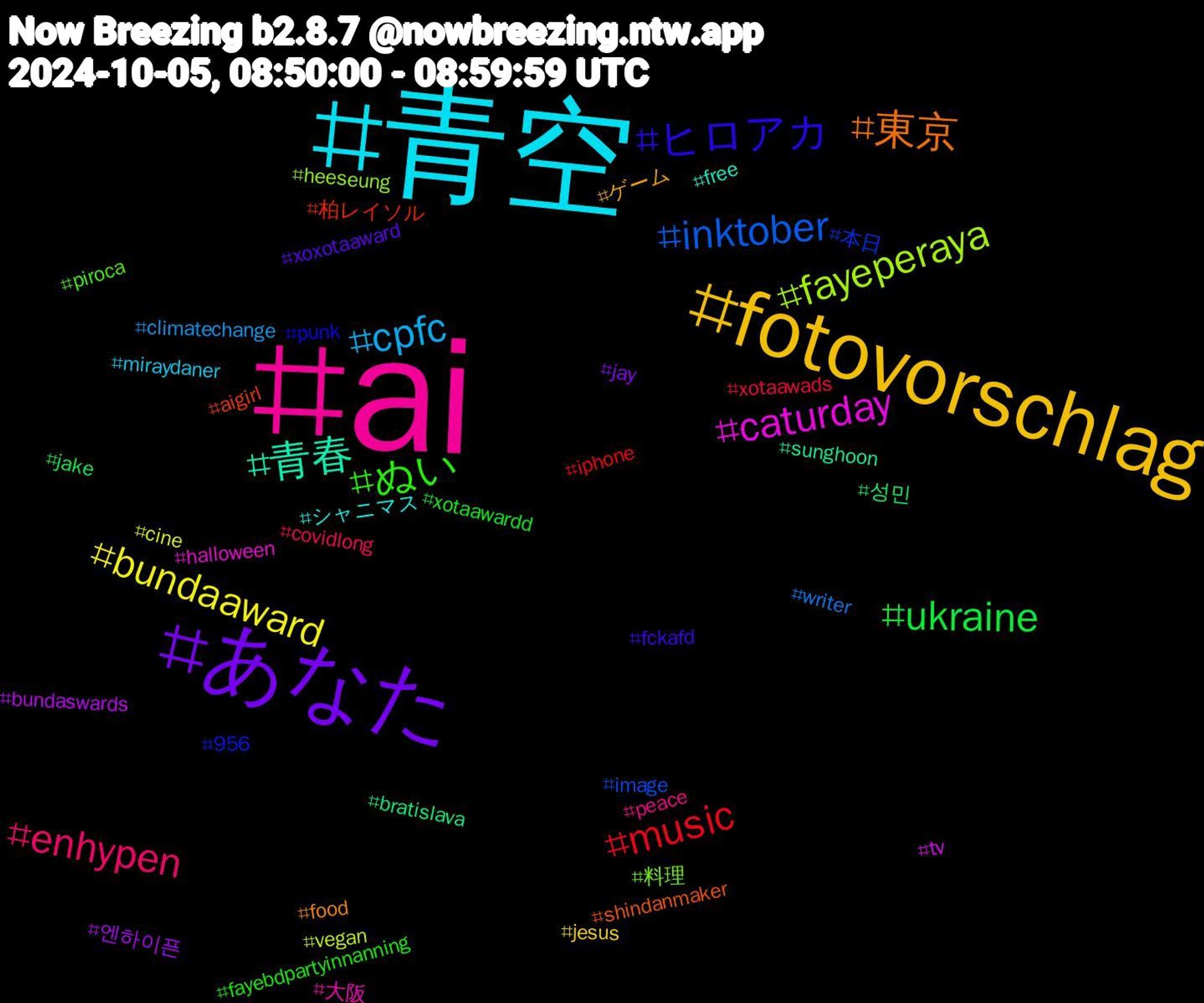 Hashtag Cloud; its hashtagged words/phrases (sorted by weighted frequency, descending):  ai, 青空, fotovorschlag, あなた, ukraine, music, inktober, fayeperaya, caturday, 青春, 東京, ヒロアカ, ぬい, enhypen, cpfc, bundaaward, 엔하이픈, 성민, 柏レイソル, 本日, 料理, 大阪, シャニマス, ゲーム, xoxotaaward, xotaawardd, xotaawads, writer, vegan, tv, sunghoon, shindanmaker, punk, piroca, peace, miraydaner, jesus, jay, jake, iphone, image, heeseung, halloween, free, food, fckafd, fayebdpartyinnanning, covidlong, climatechange, cine, bundaswards, bratislava, aigirl, 956