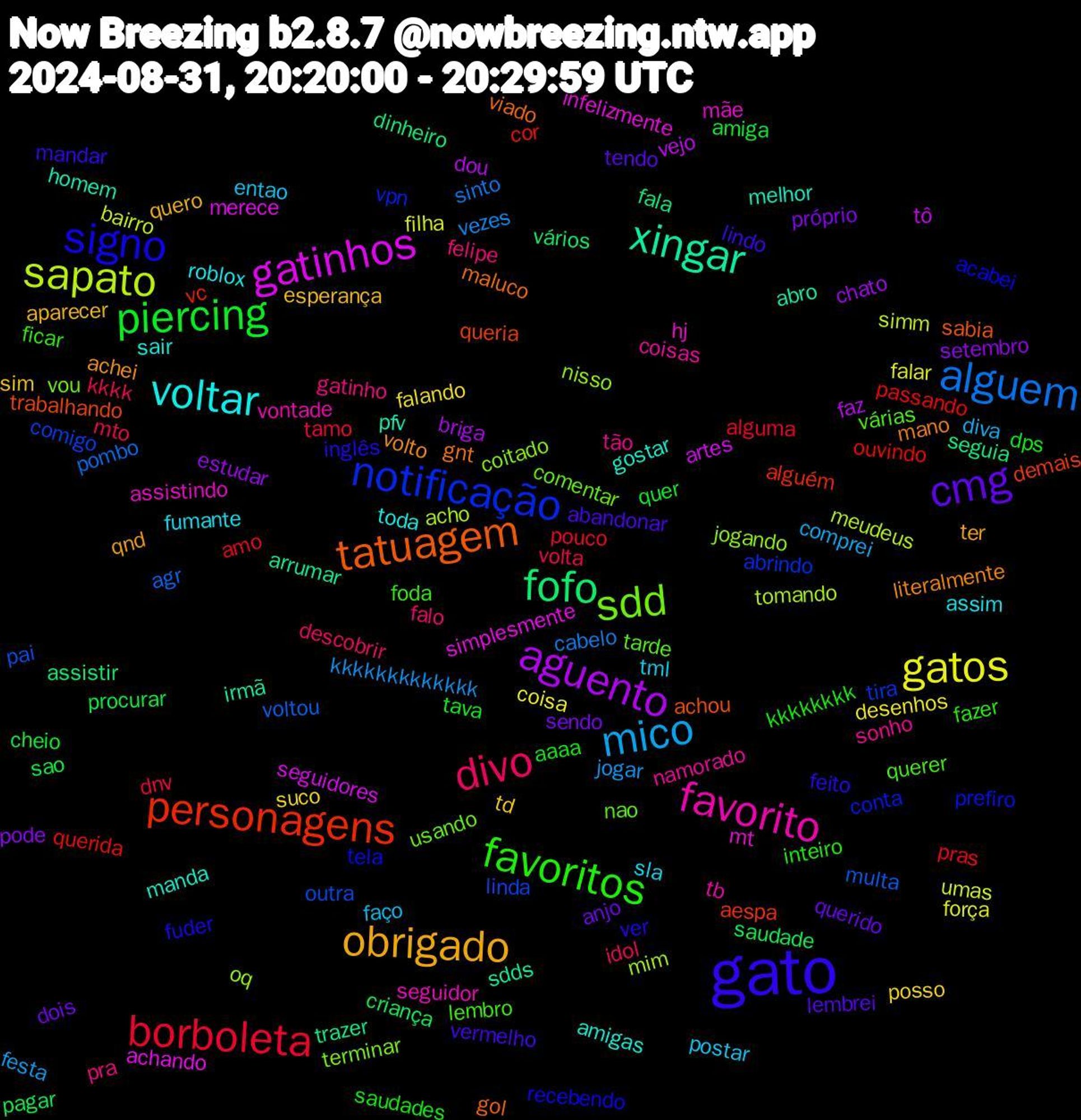 Word Cloud; its top words (sorted by weighted frequency, descending):  gato, favoritos, divo, mico, gatos, aguento, fofo, personagens, notificação, sdd, favorito, voltar, obrigado, cmg, piercing, borboleta, alguem, sapato, gatinhos, xingar, tatuagem, signo, lembro, gatinho, entao, suco, setembro, saudade, querida, linda, jogando, hj, gostar, volto, vermelho, saudades, mto, kkkkkkkkkkkkk, filha, vejo, seguia, queria, prefiro, nao, namorado, fumante, esperança, dois, cheio, amo, voltou, tomando, simplesmente, pfv, maluco, inglês, ficar, falo, diva, desenhos, chato, vários, vc, tira, terminar, seguidor, sair, qnd, lembrei, dps, dnv, cabelo, bairro, artes, arrumar, achou, acabei, várias, tão, tml, td, próprio, procurar, passando, pai, oq, mt, melhor, mano, mandar, inteiro, idol, festa, falar, dou, dinheiro, aespa, vpn, usando, tb, roblox, quero, querido, quer, pouco, pombo, meudeus, merece, irmã, gol, fuder, foda, felipe, faço, falando, estudar, criança, cor, comigo, coitado, assistindo, amigas, achei, abandonar, aaaa, volta, vezes, umas, tô, trazer, trabalhando, tela, tarde, sonho, sla, sim, sendo, sao, pras, multa, mim, infelizmente, homem, gnt, feito, fazer, descobrir, comprei, coisa, briga, assistir, alguém, abrindo, vou, vontade, toda, ter, tendo, tava, tamo, sinto, simm, seguidores, sdds, sabia, recebendo, querer, pra, postar, posso, pode, pagar, ouvindo, outra, nisso, mãe, manda, literalmente, lindo, kkkkkkkk, kkkk, jogar, força, faz, fala, demais, conta, comentar, coisas, assim, aparecer, anjo, amiga, alguma, agr, acho, achando, abro, viado, ver