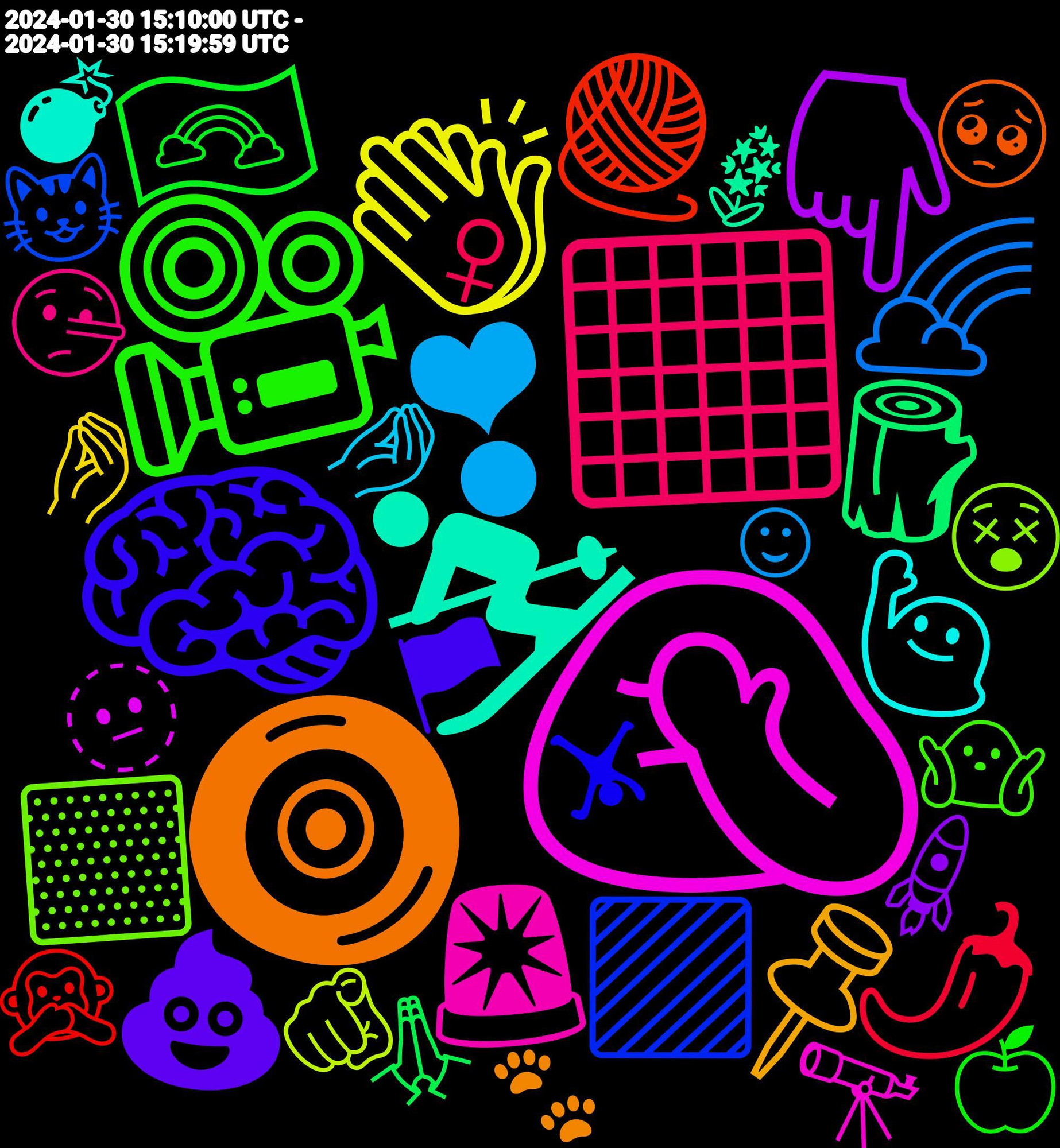 Emoji Cloud; its emojis (sorted by weighted frequency, descending):  🤦, ⛷, 🧿, 🧠, 🎥, ⬛, ❣, ⚠, 🟩, 👏🏼, 👇🏻, 🍒, 🌼, 🌮, 🪵, 🧶, 🟪, 🟨, 🚨, 🙋‍♂️, 📌, 💪🏼, 💩, 🏳️‍🌈, 🏳️‍⚧️, 🎸, 🎀, 🍓, 🍎, 🌶️, 🌈, ⬜, ✍️, ↙️, 🫵, 🫥, 🪻, 🥺, 🤸, 🤷🏼‍♂️, 🤥, 🤢, 🤌🏻, 🤌, 🟦, 🚀, 🙏🏻, 🙊, 😺, 😵, 😮‍💨, 😪, 😠, 😋, 🗓️, 🖖, 🖕, 🔭, 🔊, 💴, 💭, 💣, 💟, 💕, 💔, 💃, 👊, 👉, 🐾, 🐶, 🏴, 🏊‍♀️, 🎵, 🍏, 🍈, 🍇, 🌿, 🌸, 🇹🇷, ❌, ✅, ♀, ☺, ☠️, ☝🏻, ☁️