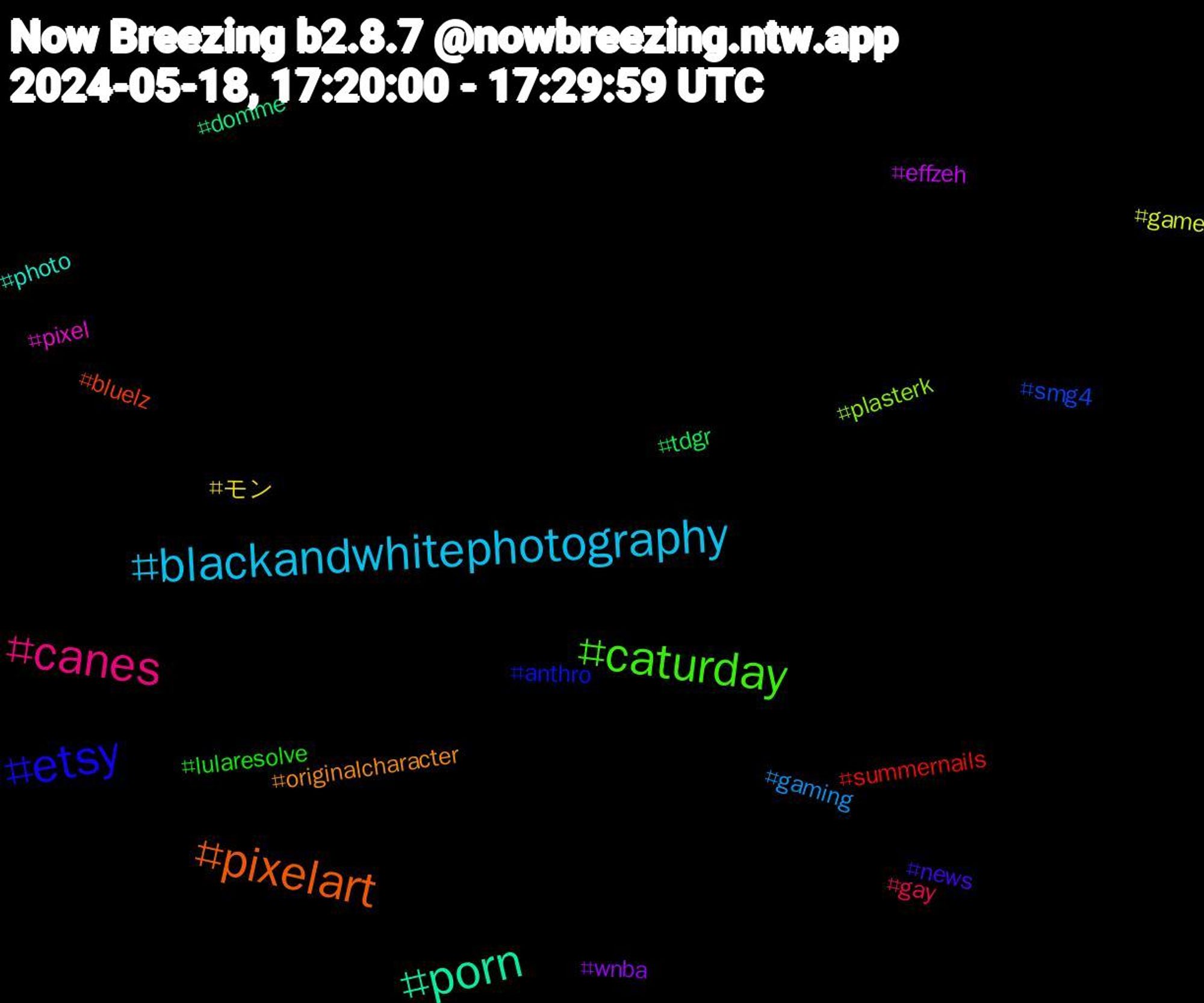 Hashtag Cloud; its hashtagged words/phrases (sorted by weighted frequency, descending):  porn, pixelart, etsy, caturday, canes, blackandwhitephotography, モン, wnba, tdgr, summernails, smg4, plasterk, pixel, photo, originalcharacter, news, lularesolve, gay, gaming, game, effzeh, domme, bluelz, anthro