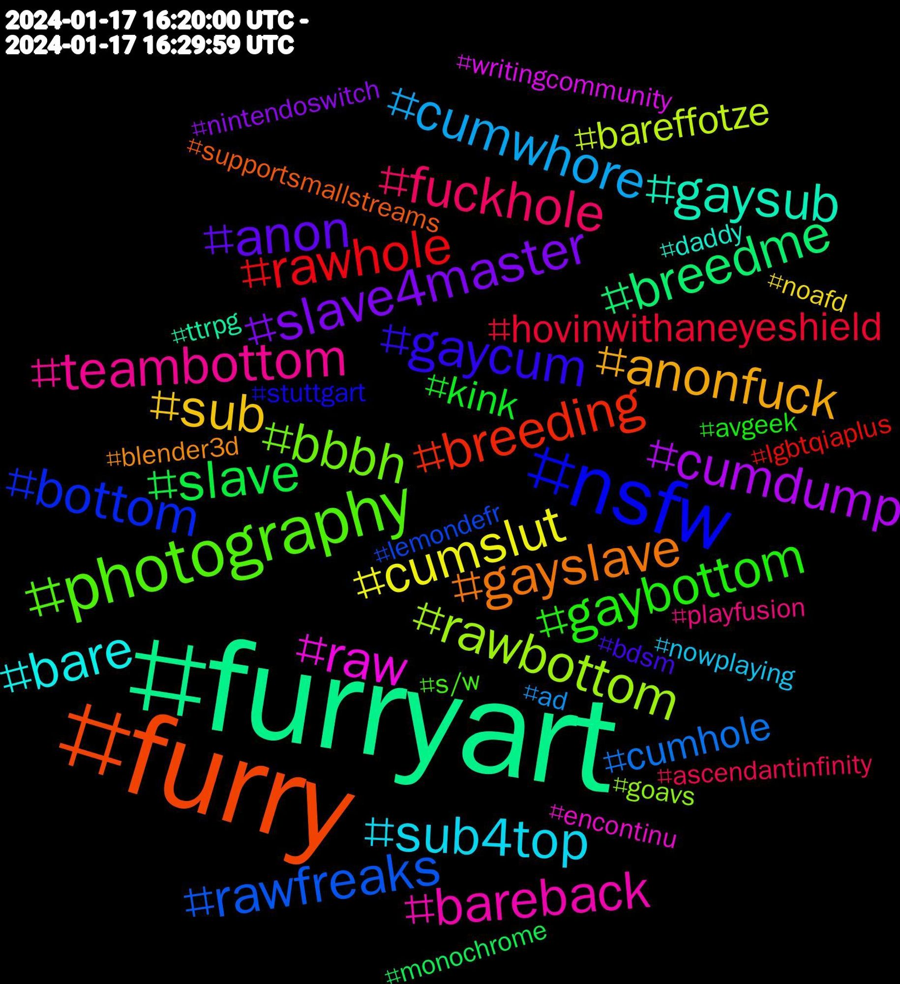 Hashtag Cloud; its hashtagged words/phrases (sorted by weighted frequency, descending):  furryart, furry, nsfw, photography, teambottom, sub4top, sub, slave4master, slave, rawhole, rawfreaks, rawbottom, raw, gaysub, gayslave, gaycum, gaybottom, fuckhole, cumwhore, cumslut, cumdump, breedme, breeding, bottom, bbbh, bareback, bare, anonfuck, anon, kink, hovinwithaneyeshield, cumhole, bareffotze, writingcommunity, ttrpg, supportsmallstreams, stuttgart, s/w, playfusion, nowplaying, noafd, nintendoswitch, monochrome, lgbtqiaplus, lemondefr, goavs, encontinu, daddy, blender3d, bdsm, avgeek, ascendantinfinity, ad