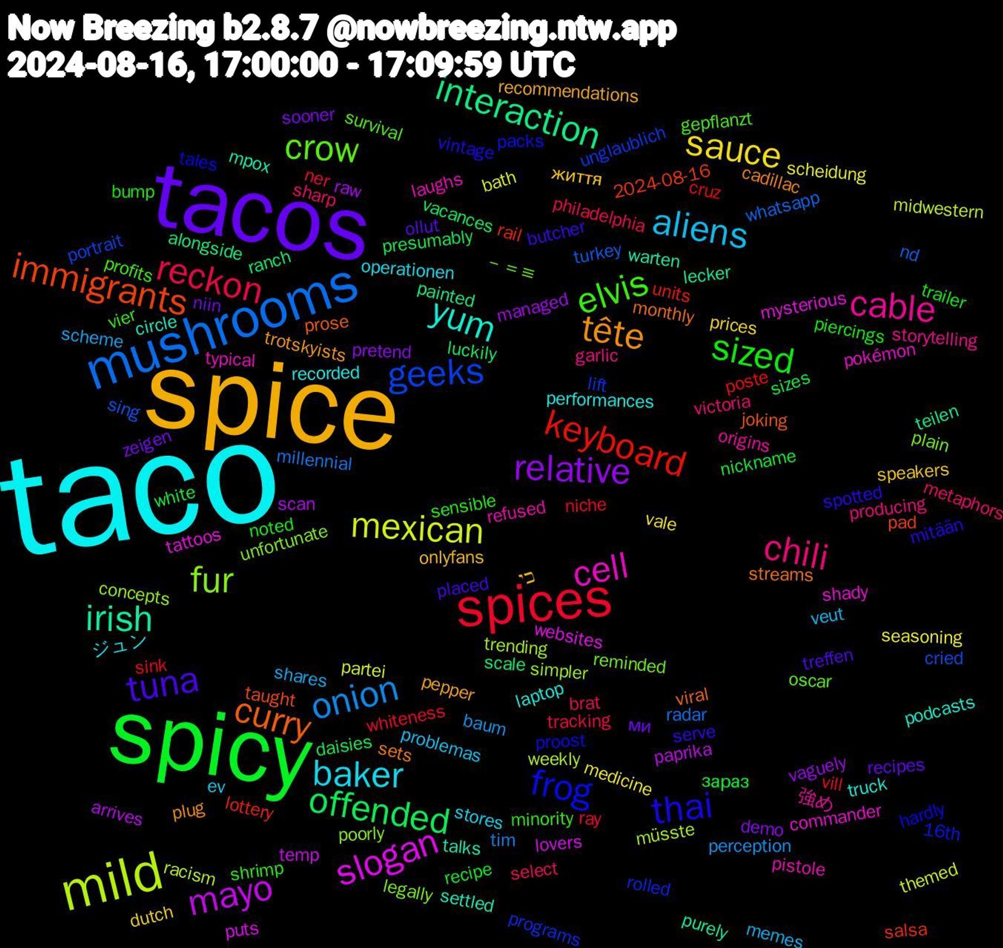 Word Cloud; its top words (sorted by weighted frequency, descending):  taco, spice, tacos, spicy, spices, mushrooms, mild, slogan, irish, curry, thai, elvis, chili, aliens, sauce, relative, offended, keyboard, geeks, fur, cell, yum, tête, tuna, sized, reckon, onion, mexican, mayo, interaction, immigrants, frog, crow, cable, baker, життя, zeigen, white, vill, turkey, trending, tattoos, talks, streams, spotted, shrimp, sharp, shares, seasoning, raw, ranch, rail, programs, plain, pistole, performances, pepper, ollut, noted, ner, millennial, midwestern, lovers, lecker, joking, hardly, gepflanzt, garlic, ev, dutch, demo, daisies, cruz, cried, concepts, commander, circle, cadillac, butcher, bump, brat, baum, bath, arrives, alongside, 2024-08-16, 16th, －＝≡, 強め, ジュン, כי, ми, зараз, whiteness, whatsapp, weekly, websites, warten, viral, vintage, vier, victoria, veut, vale, vaguely, vacances, units, unglaublich, unfortunate, typical, truck, trotskyists, treffen, trailer, tracking, tim, themed, temp, teilen, taught, tales, survival, storytelling, stores, speakers, sooner, sizes, sink, sing, simpler, shady, settled, sets, serve, sensible, select, scheme, scheidung, scan, scale, salsa, rolled, reminded, refused, recorded, recommendations, recipes, recipe, ray, radar, racism, puts, purely, prose, proost, profits, producing, problemas, prices, pretend, presumably, poste, portrait, poorly, pokémon, podcasts, plug, placed, piercings, philadelphia, perception, partei, paprika, painted, pad, packs, oscar, origins, operationen, onlyfans, niin, nickname, niche, nd, müsste, mysterious, mpox, monthly, mitään, minority, metaphors, memes, medicine, managed, luckily, lottery, lift, legally, laughs, laptop