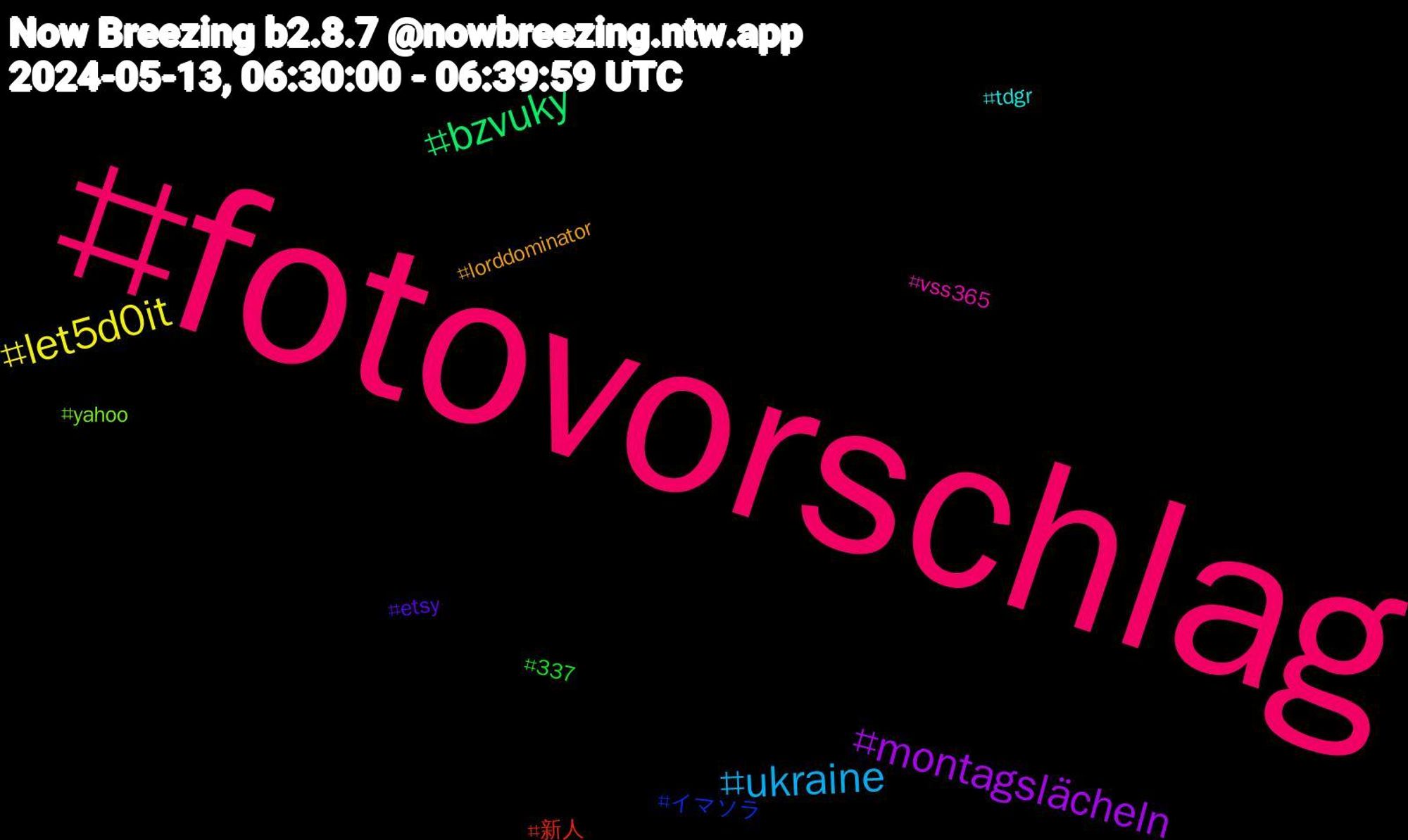 Hashtag Cloud; its hashtagged words/phrases (sorted by weighted frequency, descending):  fotovorschlag, ukraine, let5d0it, montagslächeln, bzvuky, 新人, イマソラ, yahoo, vss365, tdgr, lorddominator, etsy, 337