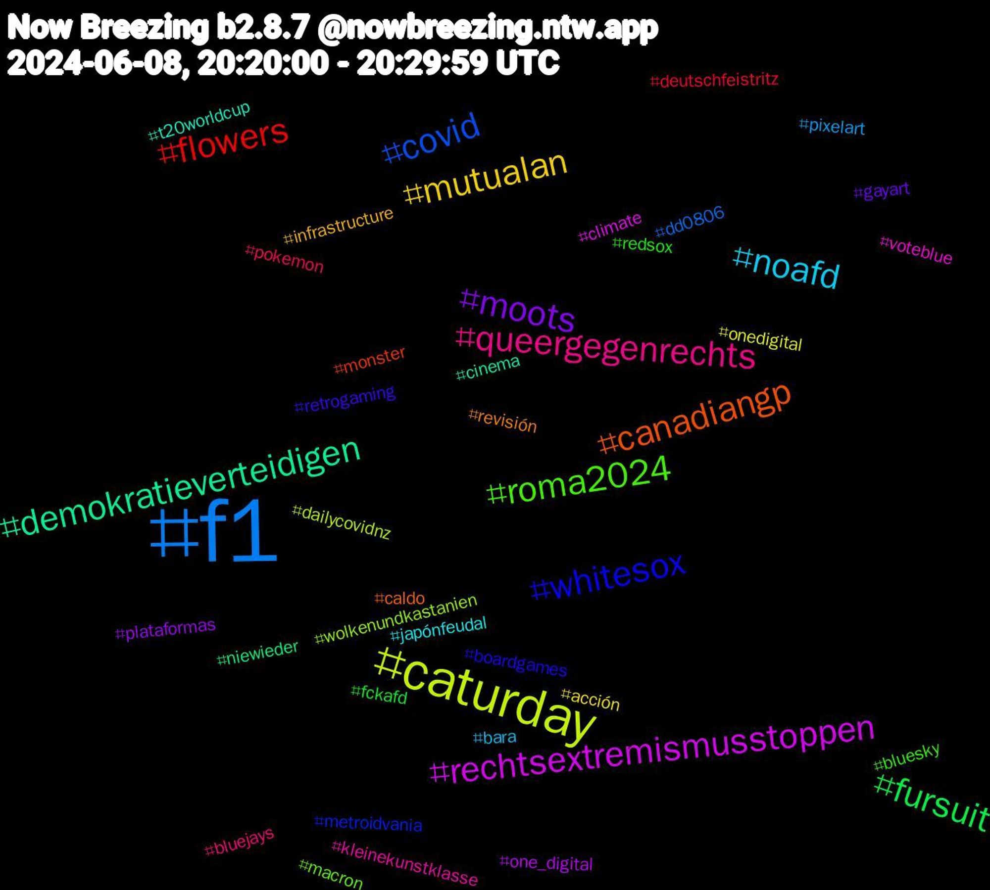 Hashtag Cloud; its hashtagged words/phrases (sorted by weighted frequency, descending):  f1, caturday, rechtsextremismusstoppen, demokratieverteidigen, canadiangp, whitesox, roma2024, queergegenrechts, noafd, mutualan, moots, fursuit, flowers, covid, wolkenundkastanien, voteblue, t20worldcup, revisión, retrogaming, redsox, pokemon, pixelart, onedigital, one_digital, niewieder, monster, metroidvania, macron, kleinekunstklasse, japónfeudal, infrastructure, gayart, fckafd, deutschfeistritz, dd0806, dailycovidnz, climate, cinema, caldo, boardgames, bluesky, bluejays, bara, acción,#plataformas