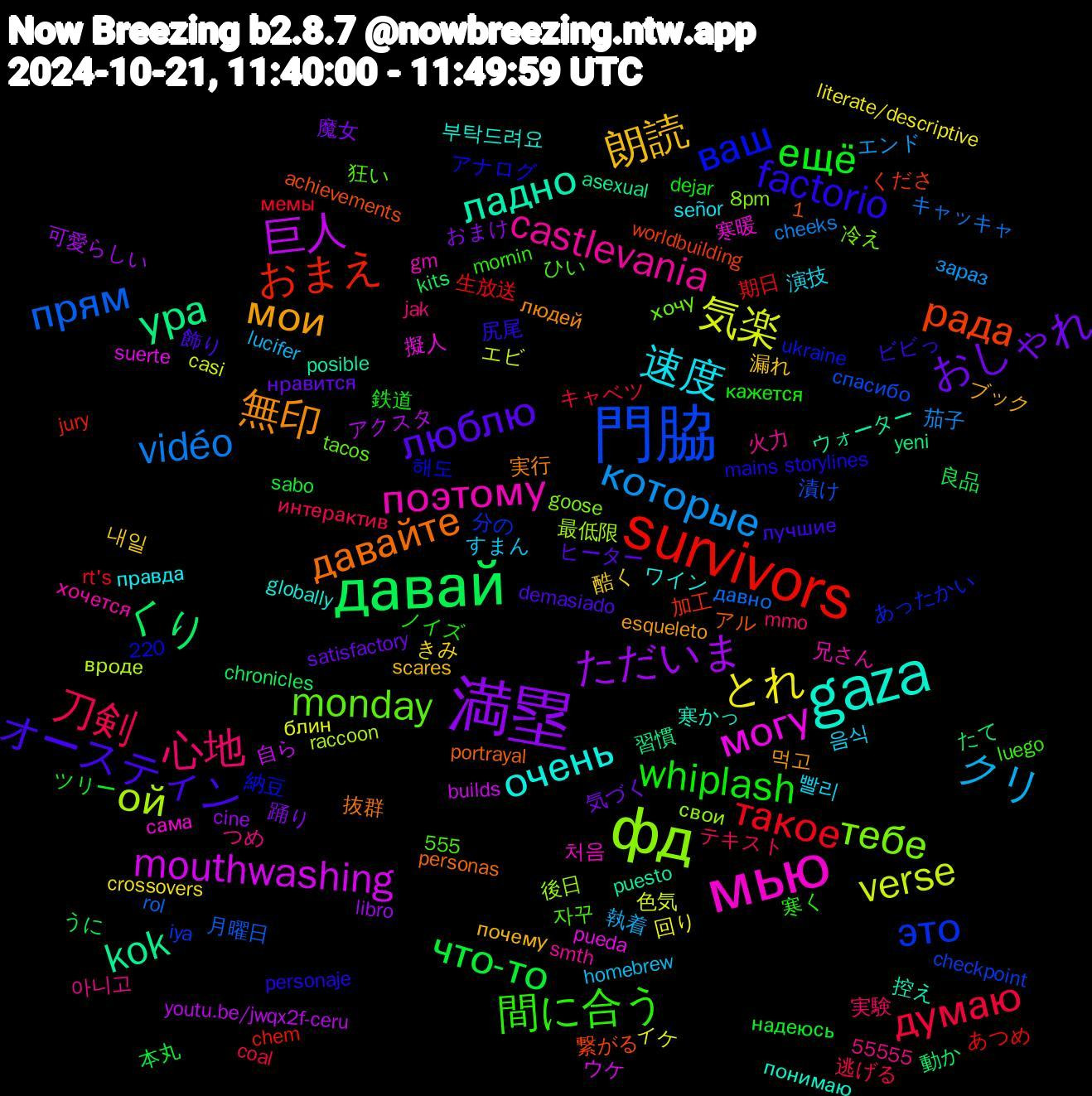 Word Cloud; its top words (sorted by weighted frequency, descending):  満塁, давай, survivors, 門脇, фд, мью, gaza, 無印, オースティン, whiplash, 刀剣, которые, 気楽, 巨人, ура, рада, ваш, monday, castlevania, 速度, 朗読, おしゃれ, что-то, такое, прям, ой, могу, ладно, давайте, factorio, 間に合う, 心地, クリ, とれ, ただいま, くり, おまえ, это, тебе, поэтому, очень, мои, люблю, ещё, думаю, vidéo, verse, mouthwashing, kok, 음식, 酷く, 踊り, 良品, 生放送, 漬け, 後日, 寒暖, 寒かっ, 実行, ビビっ, ノイズ, テキスト, エンド, イケ, アクスタ, たて, くださ, あったかい, хочу, хочется, правда, почему, нравится, надеюсь, мемы, давно, вроде, suerte, puesto, portrayal, mains+storylines, luego, jak, homebrew, crossovers, cine, chronicles, chem, checkpoint, 8pm, 55555, 처음, 부탁드려요, 먹고, 飾り, 鉄道, 逃げる, 茄子, 色気, 自ら, 習慣, 繋がる, 納豆, 狂い, 火力, 演技, 漏れ, 気づく, 本丸, 期日, 月曜日, 最低限, 擬人, 控え, 抜群, 尻尾, 寒く, 実験, 執着, 回り, 可愛らしい, 動か, 加工, 分の, 冷え, 兄さん, ワイン, ブック, ヒーター, ツリー, キャベツ, キャッキャ, エビ, ウケ, ウォーター, アル, アナログ, ひい, つめ, すまん, きみ, おまけ, うに, あつめ, спасибо, свои, сама, понимаю, людей, лучшие, кажется, интерактив, зараз, блин, youtu.be/jwqx2f-ceru, yeni, worldbuilding, ukraine, tacos, smth, señor, scares, satisfactory, sabo, rt's, rol, raccoon, pueda, posible, personas, personaje, mornin, mmo, lucifer, literate/descriptive, libro, kits, jury, iya, goose, gm, globally, esqueleto, demasiado, dejar, coal, cheeks, casi, builds, asexual, achievements, 555, 1,220, 해도, 자꾸, 아니고, 빨리, 내일, 魔女, 高校