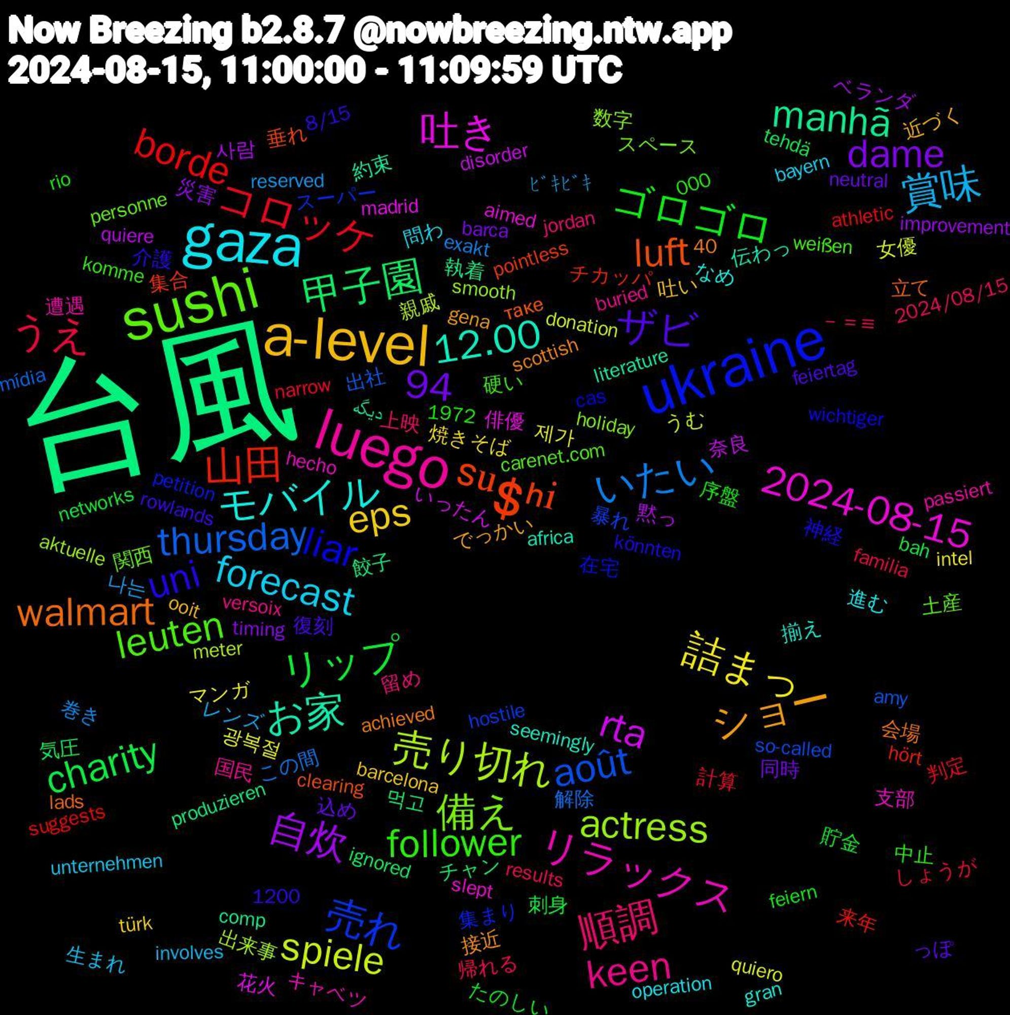 Word Cloud; its top words (sorted by weighted frequency, descending):  台風, ᔆᵘᙚᑋⁱ, ukraine, sushi, luego, gaza, a-level, リップ, コロッケ, thursday, 94, 売り切れ, 吐き, お家, walmart, uni, follower, 順調, 賞味, 詰まっ, 自炊, 甲子園, 山田, 売れ, 備え, リラックス, モバイル, ショー, ザビ, ゴロゴロ, うえ, いたい, spiele, rta, manhã, luft, liar, leuten, keen, forecast, eps, dame, charity, borde, août, actress, 2024-08-15, 12.00, －＝≡, 나는, 광복절, 黙っ, 餃子, 集合, 集まり, 関西, 遭遇, 進む, 近づく, 込め, 貯金, 計算, 解除, 親戚, 花火, 約束, 立て, 神経, 硬い, 留め, 生まれ, 焼きそば, 災害, 気圧, 来年, 暴れ, 数字, 支部, 揃え, 接近, 復刻, 序盤, 帰れる, 巻き, 女優, 奈良, 執着, 垂れ, 在宅, 土産, 国民, 問わ, 吐い, 同時, 刺身, 判定, 出社, 出来事, 俳優, 伝わっ, 会場, 介護, 中止, 上映, レンズ, マンガ, ベランダ, チャン, チカッパ, スーパー, スペース, キャベツ, なめ, でっかい, っぽ, たのしい, しょうが, この間, うむ, いったん, دیگه, таке, wichtiger, weißen, versoix, unternehmen, türk, timing, tehdä, suggests, so-called, smooth, slept, seemingly, scottish, rowlands, rio, results, reserved, quiero, quiere, produzieren, pointless, petition, personne, passiert, operation, ooit, neutral, networks, narrow, mídia, meter, madrid, literature, lads, könnten, komme, jordan, involves, intel, improvement, ignored, hört, hostile, holiday, hecho, gran, gena, feiertag, feiern, familia, exakt, donation, disorder, comp, clearing, cas, carenet.com, buried, bayern, barcelona, barca, bah, athletic, amy, aktuelle, aimed, africa, achieved, 8/15, 40,000, 2024/08/15, 1972, 1200, ﾋﾞｷﾋﾞｷ, 제가, 사람, 먹고, 黄色い