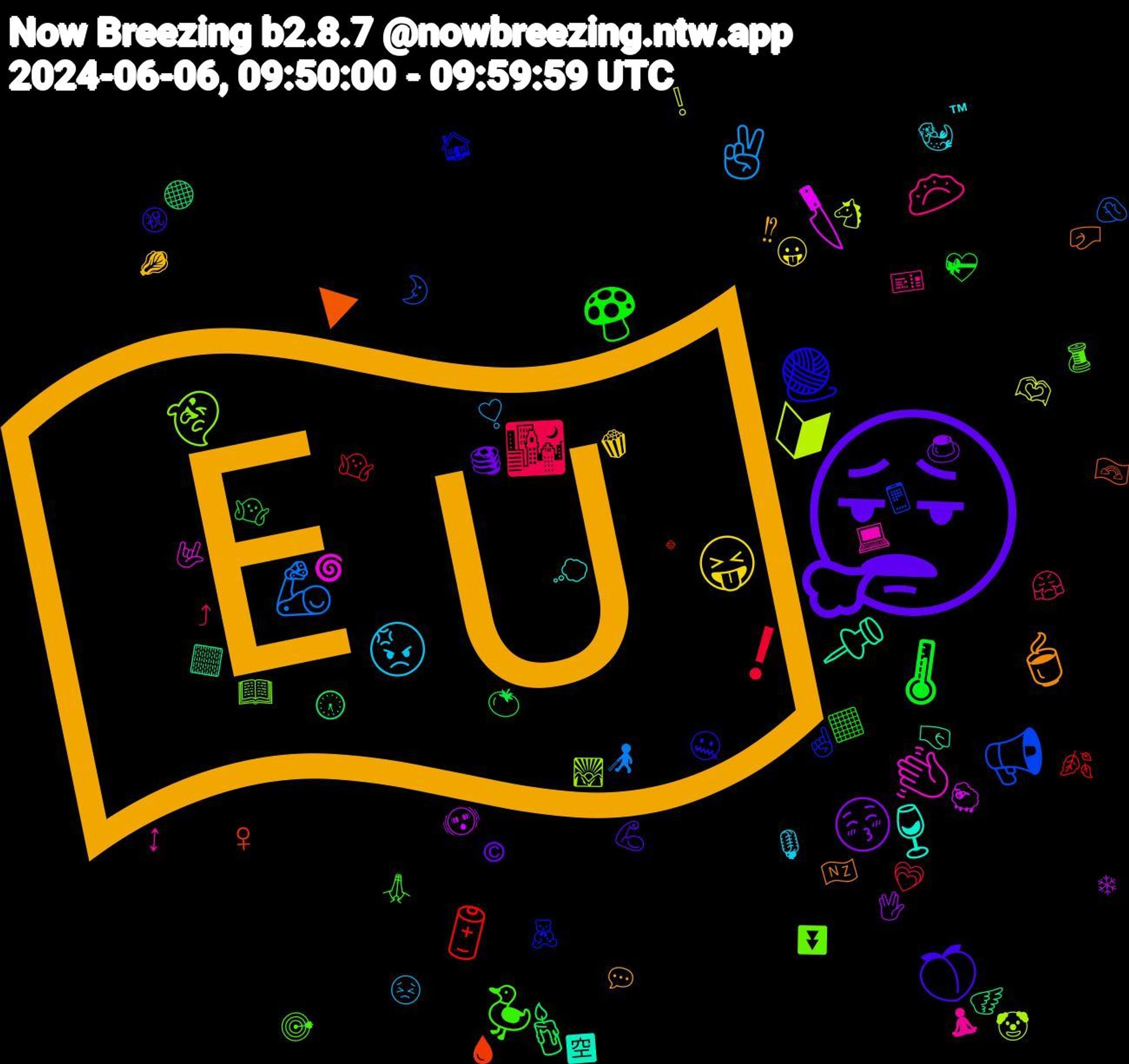 Emoji Cloud; its emojis (sorted by weighted frequency, descending):  🇪🇺, 😮‍💨, 🌡, ❗, 🦾, 🔰, 🔪, 📌, ▶, 🧶, 🦆, 🥟, 😡, 😝, 😚, 🕯️, 🔋, 📢, 👻, 👋🏻, 🍷, 🍵, 🍑, 🍄, 🌃, ✌, 🫶🏽, 🫨, 🪽, 🩸, 🧸, 🧵, 🧘‍♂️, 🦦, 🥬, 🥞, 🤷‍♂️, 🤷, 🤦, 🤡, 🤟, 🤜, 🤛, 🤐, 🙏🏻, 😤, 😣, 😛, 🖖🏻, 🕢, 🔹, 📱, 📖, 💻, 💭, 💬, 💪🏻, 💝, 💗, 👩‍🦯, 🐴, 🐑, 🏻, 🏳️‍🌈, 🏠, 🎯, 🎫, 🎙️, 🍿, 🍮, 🍅, 🍂, 🌛, 🌄, 🌀, 🈳, 🇳🇿, ㊗, ⬛, ⤴, ❣️, ❕, ❄, ⚫, ♀, ☝, ⏬, ↕, ™, ⁉, ©