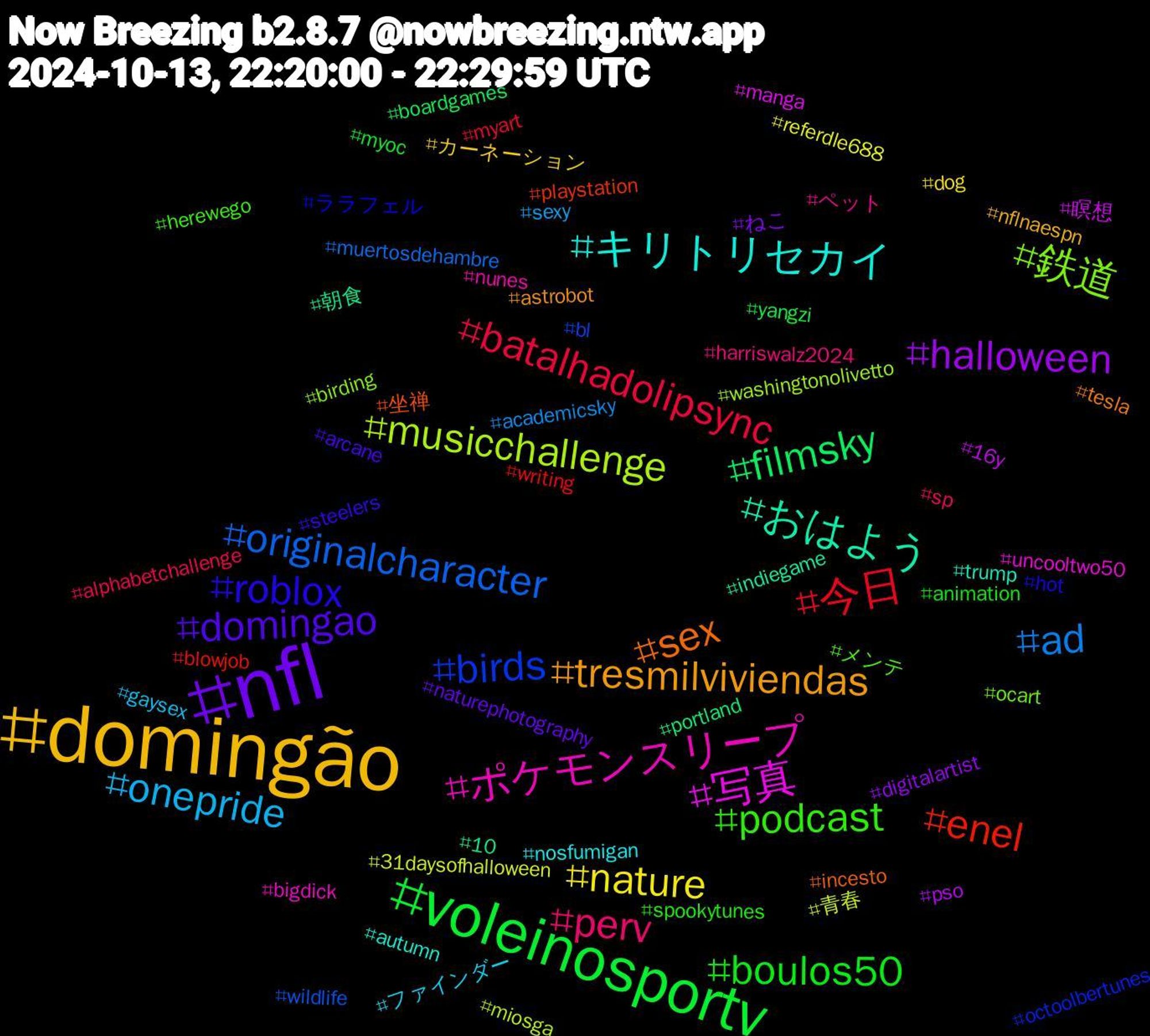 Hashtag Cloud; its hashtagged words/phrases (sorted by weighted frequency, descending):  domingão, nfl, voleinosportv, 今日, originalcharacter, musicchallenge, 写真, おはよう, sex, roblox, podcast, perv, onepride, nature, halloween, filmsky, enel, birds, 鉄道, ポケモンスリープ, キリトリセカイ, tresmilviviendas, domingao, boulos50, batalhadolipsync, ad, 青春, 瞑想, 朝食, 坐禅, ララフェル, メンテ, ペット, ファインダー, カーネーション, ねこ, yangzi, writing, wildlife, washingtonolivetto, uncooltwo50, trump, tesla, steelers, spookytunes, sp, sexy, referdle688, pso, portland, playstation, octoolbertunes, ocart, nunes, nosfumigan, nflnaespn, naturephotography, myoc, myart, muertosdehambre, miosga, manga, indiegame, incesto, hot, herewego, harriswalz2024, gaysex, dog, digitalartist, boardgames, blowjob, bl, birding, bigdick, autumn, astrobot, arcane, animation, alphabetchallenge, academicsky, 31daysofhalloween, 16y, 10