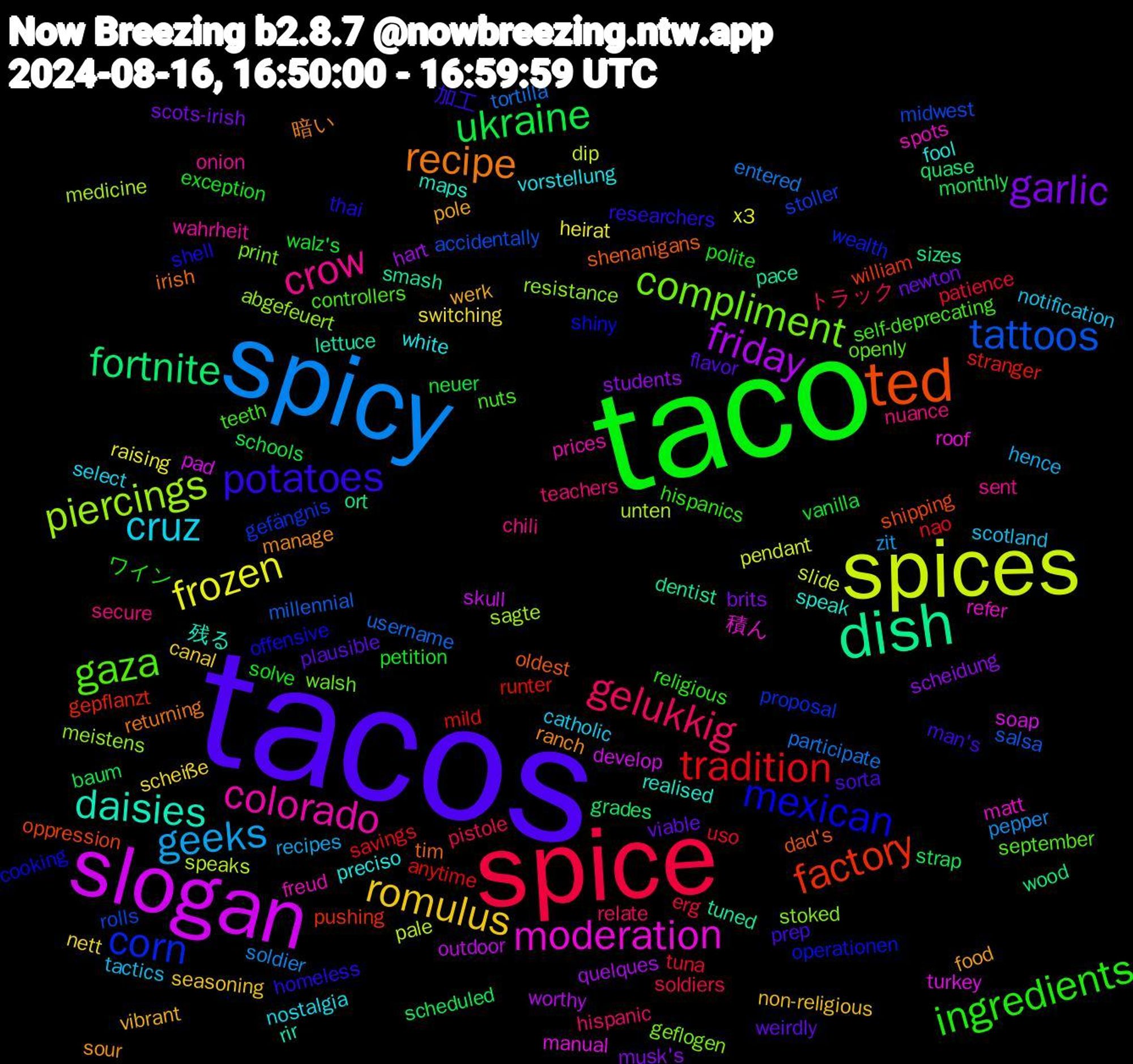 Word Cloud; its top words (sorted by weighted frequency, descending):  tacos, taco, spice, spicy, spices, slogan, dish, ted, mexican, gaza, crow, cruz, romulus, garlic, ukraine, tradition, tattoos, piercings, moderation, daisies, recipe, potatoes, ingredients, gelukkig, geeks, frozen, friday, fortnite, factory, corn, compliment, colorado, white, werk, weirdly, walz's, tuna, tortilla, speaks, soap, smash, shenanigans, shell, self-deprecating, secure, scotland, scheiße, scheidung, scheduled, runter, rolls, resistance, refer, realised, ranch, prep, polite, pistole, pepper, pendant, outdoor, ort, oppression, operationen, openly, onion, nostalgia, non-religious, newton, neuer, nao, millennial, medicine, manual, lettuce, irish, homeless, hispanics, hispanic, hence, heirat, hart, grades, gepflanzt, gefängnis, geflogen, freud, fool, food, flavor, exception, erg, entered, dip, develop, dentist, dad's, cooking, controllers, chili, catholic, canal, brits, baum, anytime, accidentally, abgefeuert, 積ん, 残る, 暗い, 加工, ワイン, トラック, zit, x3, worthy, wood, william, wealth, walsh, wahrheit, vorstellung, vibrant, viable, vanilla, uso, username, unten, turkey, tuned, tim, thai, teeth, teachers, tactics, switching, students, strap, stranger, stoller, stoked, spots, speak, sour, sorta, solve, soldiers, soldier, slide, skull, sizes, shipping, shiny, september, sent, select, seasoning, scots-irish, schools, savings, salsa, sagte, roof, rir, returning, researchers, religious, relate, recipes, raising, quelques, quase, pushing, proposal, print, prices, preciso, pole, plausible, petition, patience, participate, pale, pad, pace, oldest, offensive, nuts, nuance, notification, nett, musk's, monthly, mild, midwest, meistens, matt, maps, manage, man's