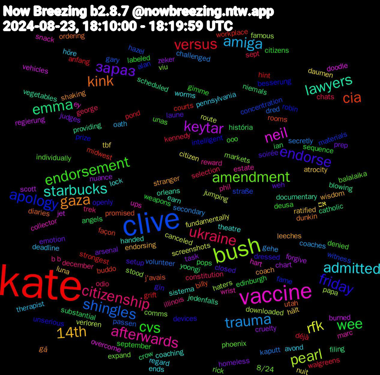 Word Cloud; its top words (sorted by weighted frequency, descending):  kate, clive, bush, vaccine, starbucks, gaza, endorse, cvs, ukraine, trauma, rfk, keytar, emma, cia, apology, amendment, afterwards, admitted, 14th, зараз, wee, versus, shingles, pearl, neil, lawyers, kink, friday, endorsement, citizenship, amiga, אם, zeker, yoongi, workplace, witness, viu, ups, theatre, stranger, soirée, sequence, sept, secretly, route, regierung, providing, promised, prize, phoenix, phil, pennsylvania, luna, judges, ian, grift, gary, famous, ey, earn, dunkin, dressed, deusa, constitution, coaches, citizen, chart, catholic, buddo, alan, 8/24, wrist, worms, wisdom, weh, weapons, walgreens, volunteer, verloren, vehicles, vegetables, utah, unserious, unas, trek, therapist, tbf, task, substantial, strongest, straße, stood, snack, sistema, shaking, setup, september, selection, secondary, screenshots, scott, scheduled, rooms, robin, rick, reward, regard, ratified, prep, pops, pond, passen, papa, overcome, orleans, ordering, openly, ooo, odio, oath, nuit, nuance, niemals, midwest, materials, markets, marc, lock, leeches, laune, labeled, kennedy, kaputt, jumping, jet, jedenfalls, j'avais, intelligent, individually, illinois, höre, hält, homeless, história, hint, hazel, haters, hart, handed, gå, gin, gimme, george, gehe, fundamentally, forgive, filing, façon, fame, expand, estate, ends, endorsing, emotion, edinburgh, déjà, dred, downloaded, doodle, documentary, diaries, devices, denied, december, deadline, daumen, cruelty, crow, courts, concentration, comms, collector, coaching, coach, closed, citizens, chats, challenged, canceled, burned, blowing, billy, besserung, balalaika, b+b, avond, atrocity, arsenal, angels, anfang