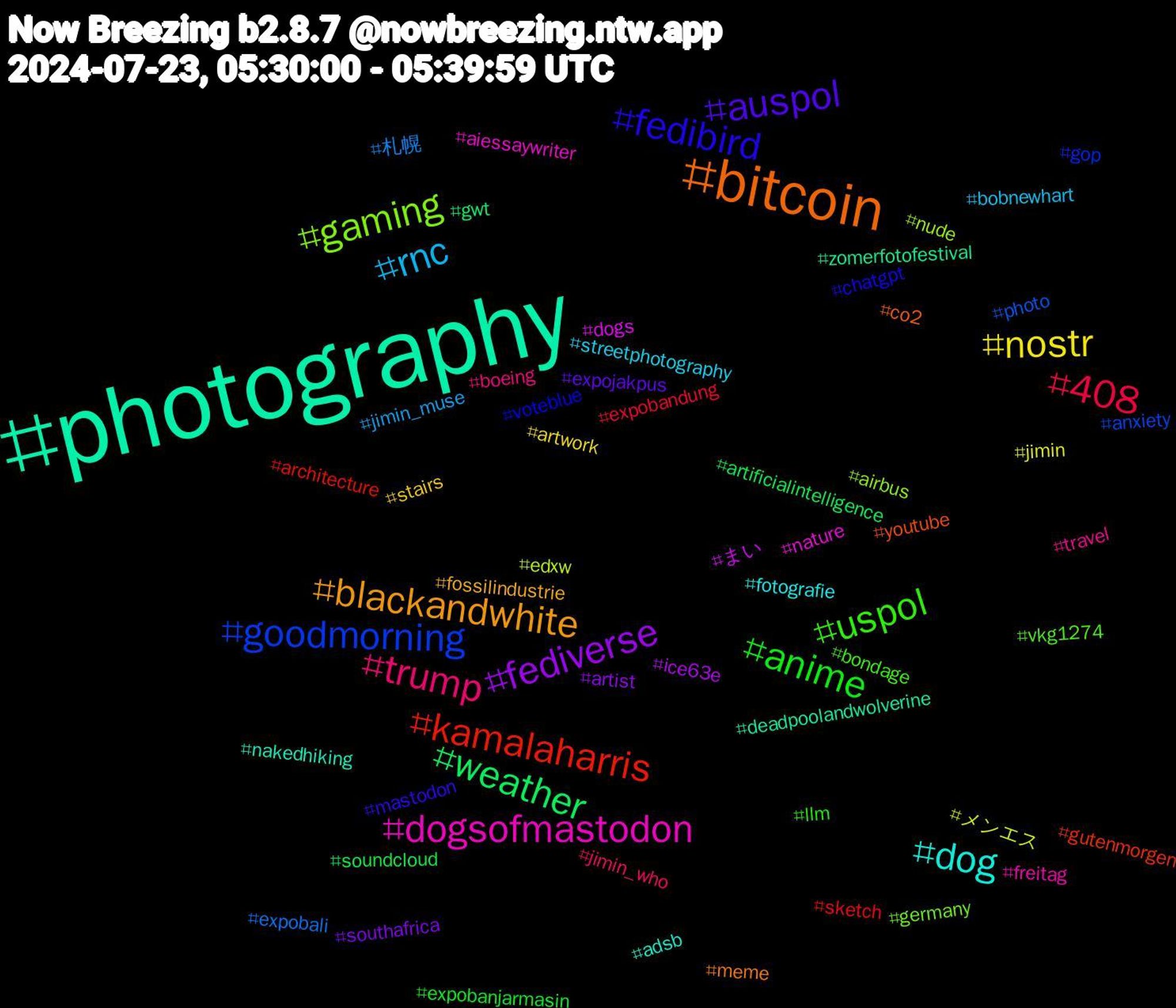 Hashtag Cloud; its hashtagged words/phrases (sorted by weighted frequency, descending):  photography, bitcoin, fedibird, uspol, trump, rnc, nostr, fediverse, weather, kamalaharris, goodmorning, gaming, dogsofmastodon, dog, blackandwhite, auspol, anime, 408, 札幌, メンエス, まい, zomerfotofestival, youtube, voteblue, vkg1274, travel, streetphotography, stairs, southafrica, soundcloud, sketch, photo, nude, nature, nakedhiking, meme, mastodon, llm, jimin_who, jimin_muse, jimin, ice63e, gwt, gutenmorgen, gop, germany, freitag, fotografie, fossilindustrie, expojakpus, expobanjarmasin, expobandung, expobali, edxw, dogs, deadpoolandwolverine, co2, chatgpt, bondage, boeing, bobnewhart, artwork, artist, artificialintelligence, architecture, anxiety, airbus, aiessaywriter, adsb