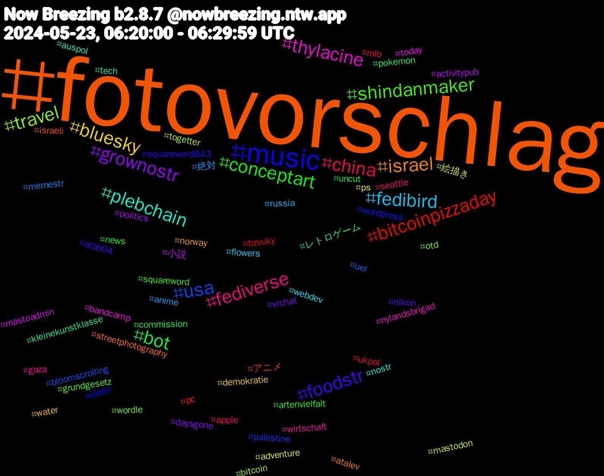 Hashtag Cloud; its hashtagged words/phrases (sorted by weighted frequency, descending):  fotovorschlag, music, shindanmaker, fediverse, fedibird, bluesky, grownostr, bot, bitcoinpizzaday, usa, travel, thylacine, plebchain, israel, foodstr, conceptart, china, 絶対, 絵描き, 小説, レトロゲーム, アニメ, wordpress, wordle, wirtschaft, webdev, water, vrchat, uncut, ukpol, uel, togetter, today, tech, streetphotography, squareword843, squareword, seattle, russia, ps, politics, pokemon, pc, palestine, otd, nylandsbrigad, nostr, norway, nikon, news, mlb, memestr, mastodon, mastoadmin, kleinekunstklasse, israeli, ideas, grundgesetz, gaza, flowers, demokratie, daysgone, commission, bzvuky, bloomscrolling, bitcoin, bandcamp, auspol, atalev, atab04, artenvielfalt, apple, anime, adventure, activitypub