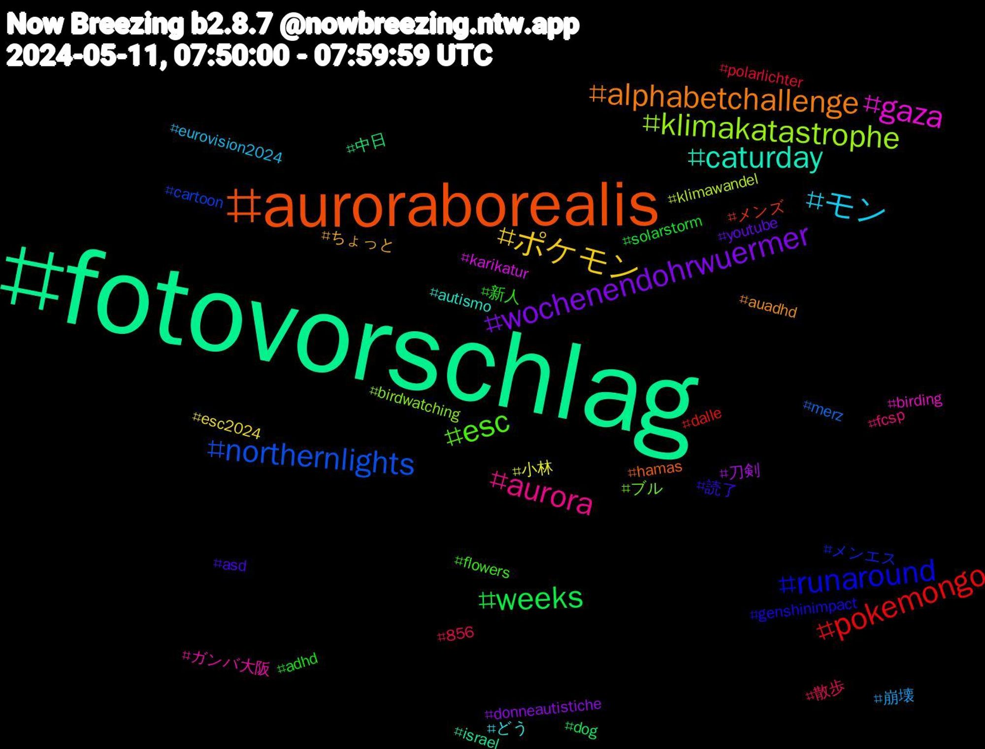 Hashtag Cloud; its hashtagged words/phrases (sorted by weighted frequency, descending):  fotovorschlag, auroraborealis, runaround, esc, aurora, モン, ポケモン, wochenendohrwuermer, weeks, pokemongo, northernlights, klimakatastrophe, gaza, caturday, alphabetchallenge, 読了, 新人, 散歩, 崩壊, 小林, 刀剣, 中日, メンズ, メンエス, ブル, ガンバ大阪, どう, ちょっと, youtube, solarstorm, polarlichter, merz, klimawandel, karikatur, israel, hamas, genshinimpact, flowers, fcsp, eurovision2024, esc2024, donneautistiche, dog, dalle, cartoon, birdwatching, birding, autismo, auadhd, asd, adhd, 856