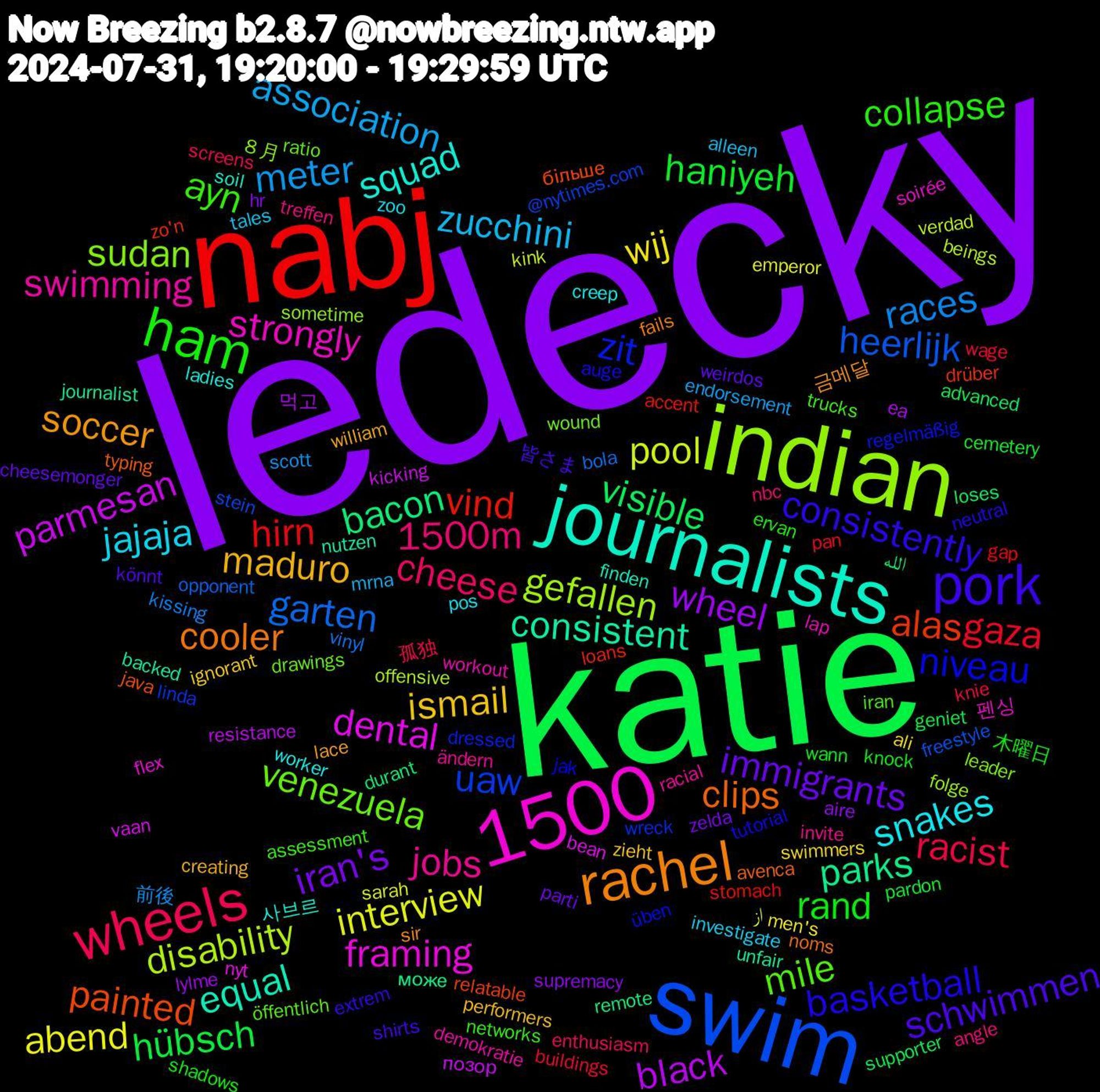 Word Cloud; its top words (sorted by weighted frequency, descending):  ledecky, katie, nabj, swim, indian, journalists, 1500, rachel, pork, ham, wheels, meter, interview, black, bacon, alas, zit, venezuela, swimming, snakes, maduro, immigrants, haniyeh, gaza, garten, disability, dental, consistent, clips, basketball, ayn, 1500m, zucchini, wij, wheel, visible, vind, uaw, sudan, strongly, squad, soccer, schwimmen, rand, racist, races, pool, parmesan, parks, painted, niveau, mile, jobs, jajaja, ismail, iran's, hübsch, hirn, heerlijk, gefallen, framing, equal, cooler, consistently, collapse, cheese, association, abend, 먹고, الله, zo'n, wreck, wound, workout, worker, william, weirdos, wann, wage, vinyl, verdad, vaan, unfair, typing, tutorial, trucks, treffen, tales, swimmers, supremacy, supporter, stomach, stein, sometime, soirée, soil, sir, shirts, shadows, screens, scott, sarah, resistance, remote, relatable, regelmäßig, ratio, racial, pos, performers, parti, pardon, pan, opponent, offensive, nyt, nutzen, noms, neutral, networks, nbc, mrna, men's, lylme, loses, loans, linda, leader, lap, ladies, lace, könnt, knock, knie, kissing, kink, kicking, journalist, java, jak, iran, invite, investigate, ignorant, hr, geniet, gap, freestyle, folge, flex, finden, fails, extrem, ervan, enthusiasm, endorsement, emperor, ea, durant, drüber, dressed, drawings, demokratie, creep, creating, cheesemonger, cemetery, buildings, bola, beings, bean, backed, avenca, auge, assessment, angle, alleen, ali, aire, advanced, accent, @nytimes.com, ８月, 펜싱, 사브르, 금메달, 皆さま, 木曜日, 孤独, 前後, از, позор, може, більше, üben, öffentlich, ändern, zoo, zieht, zelda