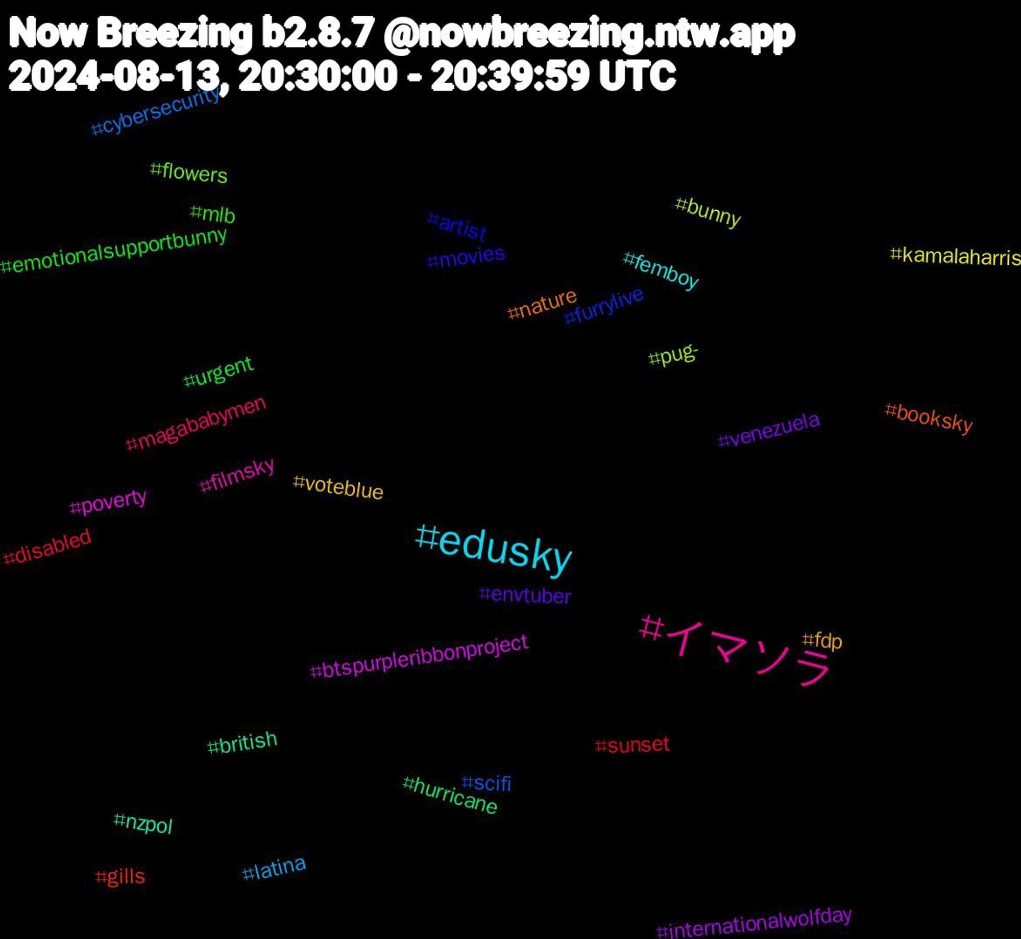 Hashtag Cloud; its hashtagged words/phrases (sorted by weighted frequency, descending):  イマソラ, edusky, voteblue, venezuela, urgent, sunset, scifi, pug-, poverty, nzpol, nature, movies, mlb, magababymen, latina, kamalaharris, internationalwolfday, hurricane, gills, furrylive, flowers, filmsky, femboy, fdp, envtuber, emotionalsupportbunny, disabled, cybersecurity, bunny, btspurpleribbonproject, british, booksky, artist