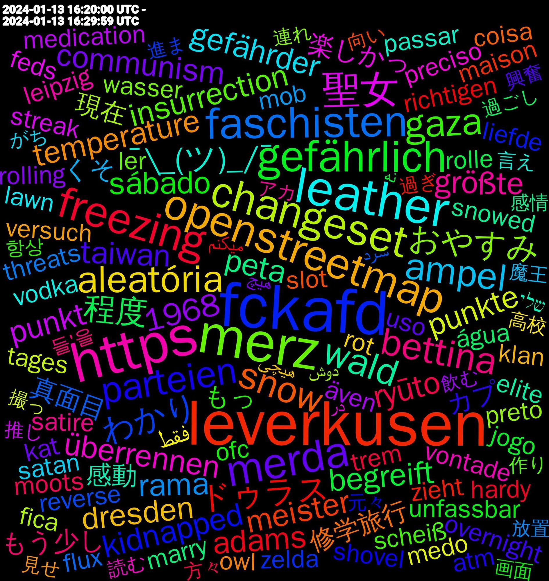 Word Cloud; its top words (sorted by weighted frequency, descending):  leverkusen, fckafd, merz, https, leather, openstreetmap, merda, gefährlich, freezing, faschisten, changeset, 聖女, wald, snow, parteien, gaza, bettina, ampel, aleatória, 程度, ドゥラス, わかり, おやすみ, überrennen, ¯\_(ツ)_/¯, temperature, taiwan, sábado, ryūto, rama, punkte, punkt, peta, meister, kidnapped, insurrection, größte, gefährder, dresden, communism, begreift, adams, 1968, 真面目, 現在, 楽しかっ, 感動, 修学旅行, カプ, もっ, もう少し, くそ, فقط, även, água, zieht, zelda, wasser, vontade, vodka, versuch, uso, unfassbar, trem, threats, tages, streak, snowed, slot, shovel, scheiß, satire, satan, rot, rolling, rolle, richtigen, reverse, preto, preciso, passar, owl, overnight, ofc, moots, mob, medo, medication, marry, maison, liefde, ler, leipzig, lawn, lawmakers, laracroft, landing, küche, kritisiert, krankheit, klan, kat, kanzler, journalist, jogo, iranon, imported, hotdog, herbstmeister, headphones, hardy, gewonnen, flux, flipped, fica, feds, faschismus, estimated, elite, einzelne, duolingo, douthat, dough, distraction, dismiss, demokratie, dagens, coisa, chances, captured, bump, buildings, bayern, augsburg, atm, accidental, 항상, 들'을, 감사합니다, 魔王, 高校, 飲む, 過ごし, 過ぎ, 進ま, 連れ, 読む, 言え, 見せ, 興奮, 絆され, 筋肉, 発言, 画面, 深さ：10km, 植物, 最大震度：1, 方々, 放置, 撮っ, 推し, 感情, 思考, 当時, 布団, 対応, 女の子, 周年, 向い, 取る, 印象, 北海道, 元々, 使う, 作り, 会話, 中学, ラスト, アカ, もっと, みる, はやく, とい, ていう, つもり, ちゃんと, すけ, しいたけ, ごめん, がち, いける, あたり, هیچی, هیچ, نه, میکنم, سرد, دوش, در, שלי