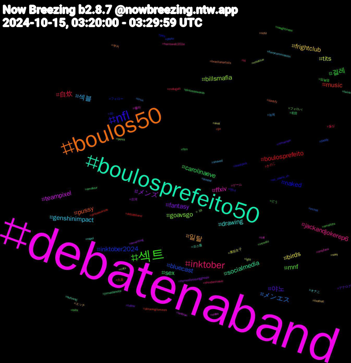 Hashtag Cloud; its hashtagged words/phrases (sorted by weighted frequency, descending):  debatenaband, boulosprefeito50, boulos50, nfl, 섹트, inktober, 섹블, birds, メンズ, sex, music, inktober2024, goavsgo, ffxiv, drawing, 일탈, 야노, 걸레, 自炊, メンエス, tits, teampixel, socialmedia, pussy, naked, mnf, jackandjokerep6, genshinimpact, frightclub, fantasy, carolinaeve, boulosprefeito, bluecast, billsmafia, 펠라, 코스튬, 부커, 변녀, 맘눌뎀, 돌싱, 능욕, 裏垢女子, 古河, 初音, 久喜, フォロー, フォロバ, ゲーム, オナニ, エッチ, アナログ, どう, きのこ, vrchat, voteblue, video, twink, spotify, so_asano_ch, smalltits, shindanmaker, shaved, sexy, rhymesforyoungghouls, pintosaswards, pintoawarsds, photo, penis, onlyfans, nzpol, note, nflnaespn, naughtiness, malugalli, linux, lgbt, lesbian, jornaldanoite, jin, jets, incesto, harriswalz2024, furrycommission, football, follow, film, debateband, daddy, cats, cat, bufvsnyj, brazilianartists, blackpink, bills, bi, auspol, anal, amwriting, amateur, abraosigilonunes, 10, +18