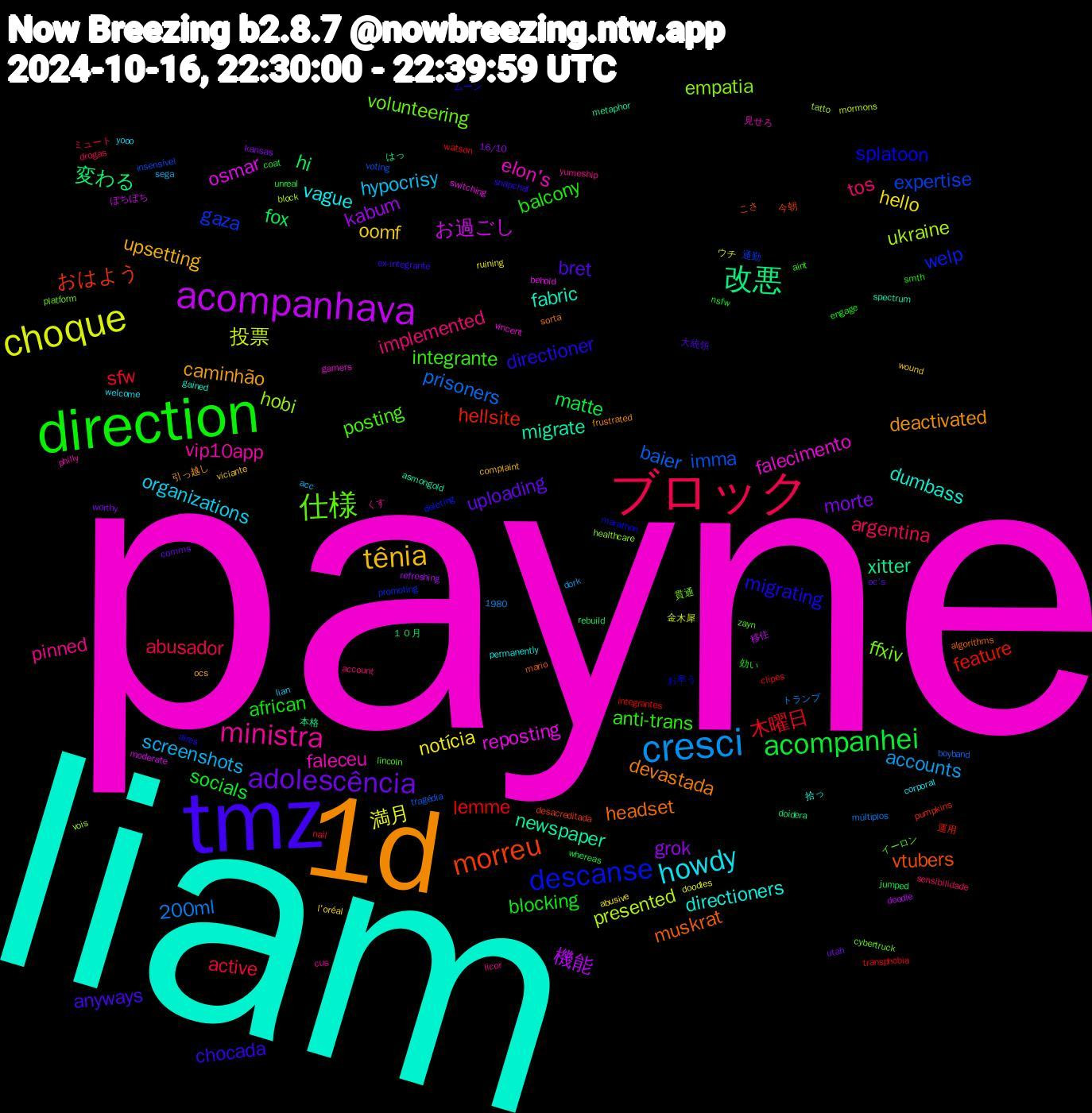 Word Cloud; its top words (sorted by weighted frequency, descending):  payne, liam, 1d, tmz, direction, ブロック, cresci, choque, acompanhava, 改悪, morreu, descanse, 仕様, ministra, howdy, tênia, adolescência, acompanhei, 木曜日, baier, ukraine, reposting, migrate, headset, directioner, anti-trans, tos, screenshots, notícia, kabum, hi, hellsite, gaza, ffxiv, faleceu, directioners, caminhão, bret, blocking, active, 200ml, 投票, お過ごし, xitter, vtubers, splatoon, posting, pinned, organizations, oomf, morte, matte, lemme, imma, hobi, falecimento, fabric, devastada, chocada, balcony, argentina, accounts, 満月, 機能, 変わる, おはよう, welp, volunteering, vip10app, vague, upsetting, uploading, socials, sfw, prisoners, presented, osmar, newspaper, muskrat, migrating, integrante, implemented, hypocrisy, hello, grok, fox, feature, expertise, empatia, elon's, dumbass, deactivated, anyways, african, abusador, 金木犀, 移住, 本格, 今朝, ムーン, イーロン, くす, welcome, viciante, utah, unreal, transphobia, tragédia, tatto, switching, spectrum, sorta, snapchat, smth, sensibilidade, sega, ruining, refreshing, rebuild, pumpkins, promoting, platform, philly, permanently, ocs, oc's, nsfw, nail, múltiplos, mormons, moderate, metaphor, mario, marathon, lincoln, licor, lian, l'oréal, kansas, jumped, integrantes, insensível, healthcare, gamers, gained, frustrated, ex-integrante, engage, drogas, dork, doodles, doodle, doidera, desacreditada, deleting, cybertruck, cus, corporal, complaint, comms, coat, clipes, boyband, block, behold, asmongold, algorithms, aires, aint, account, acc, abusive, 1980, 16/10, １０月, 運用, 通勤, 貫通, 見せろ, 拾っ, 引っ越し, 大統領, 効い, ミュート, トランプ, ウチ, ぼちぼち, はっ, こさ, お早う, zayn, yumeship, yooo, wound, worthy, whereas, watson, voting, vois, vincent