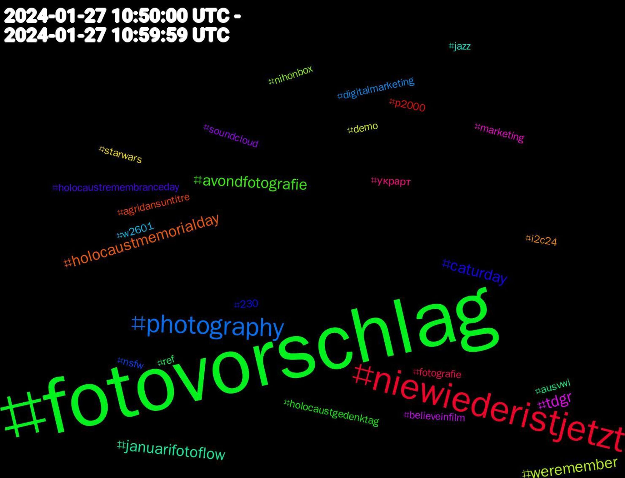 Hashtag Cloud; its hashtagged words/phrases (sorted by weighted frequency, descending):  fotovorschlag, niewiederistjetzt, photography, weremember, tdgr, januarifotoflow, holocaustmemorialday, caturday, avondfotografie, украрт, w2601, starwars, soundcloud, ref, p2000, nsfw, nihonbox, marketing, jazz, i2c24, holocaustremembranceday, holocaustgedenktag, fotografie, digitalmarketing, demo, believeinfilm, ausvwi, agridansuntitre, 230