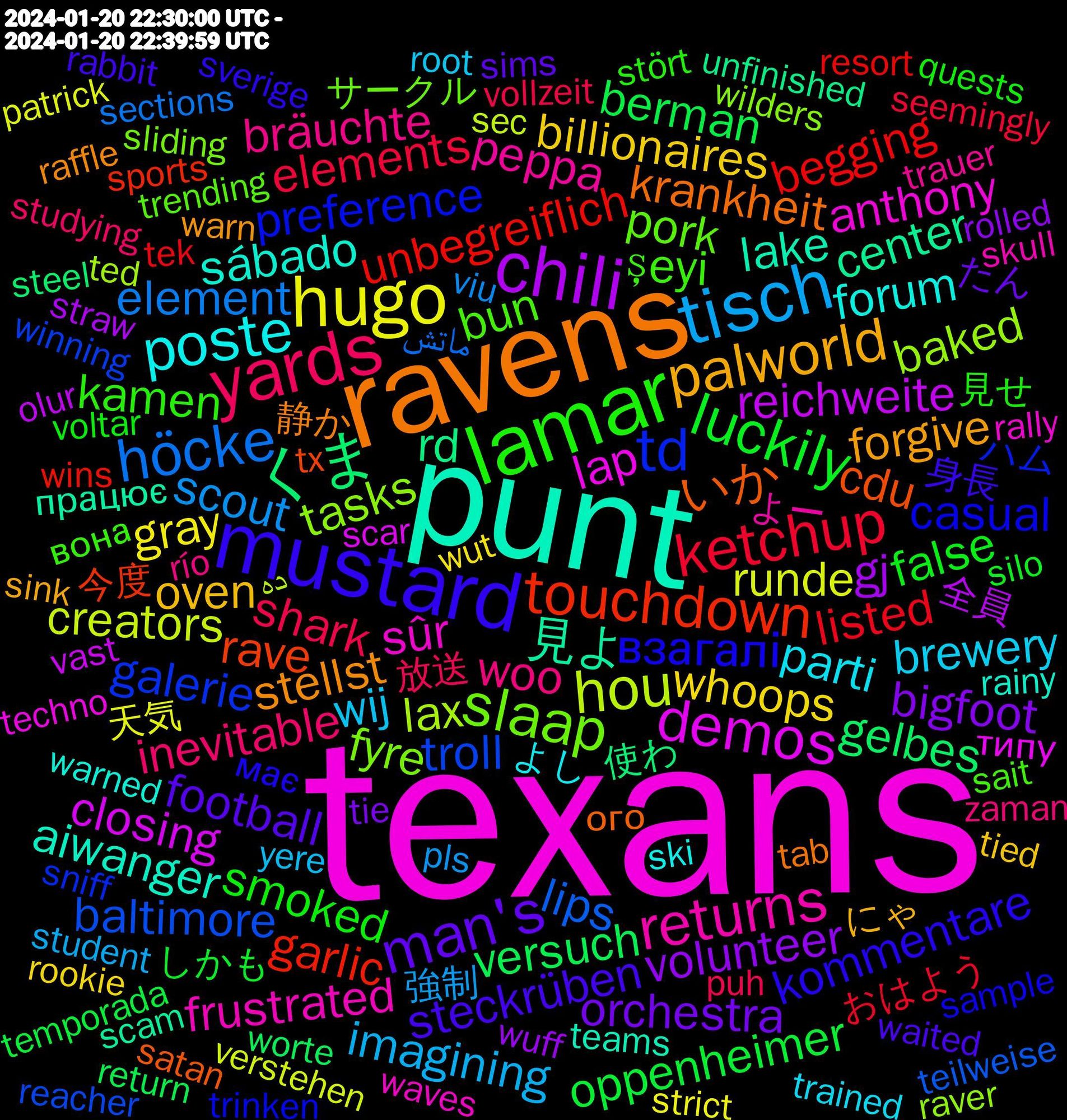 Word Cloud; its top words (sorted by weighted frequency, descending):  texans, punt, ravens, mustard, lamar, yards, tisch, hugo, chili, くま, touchdown, td, slaap, returns, poste, palworld, man's, luckily, ketchup, höcke, hou, demos, 見よ, いか, взагалі, şeyi, woo, wij, whoops, volunteer, versuch, unbegreiflich, troll, tasks, sûr, sábado, stellst, steckrüben, smoked, shark, scout, runde, reichweite, rd, rave, preference, pork, peppa, parti, oven, orchestra, oppenheimer, listed, lips, lax, lap, lake, krankheit, kommentare, kamen, inevitable, imagining, gray, gj, gelbes, garlic, galerie, fyre, frustrated, forum, forgive, football, false, elements, element, creators, closing, center, cdu, casual, bun, bräuchte, brewery, billionaires, bigfoot, berman, begging, baltimore, baked, anthony, aiwanger, 静か, 身長, 見せ, 放送, 強制, 天気, 全員, 使わ, 今度, ハム, サークル, よー, よし, にゃ, たん, しかも, おはよう, ماتش, ده, типу, працює, ого, має, вона, zaman, yere, wut, wuff, worte, wins, winning, wilders, waves, warned, warn, waited, voltar, vollzeit, viu, verstehen, vast, unfinished, tx, trinken, trending, trauer, trained, tied, tie, temporada, tek, teilweise, ted, techno, teams, tab, sverige, stört, studying, student, strict, straw, steel, sports, sniff, sliding, skull, ski, sink, sims, silo, seemingly, sections, sec, scar, scam, satan, sample, sait, río, root, rookie, rolled, return, resort, reacher, raver, rally, rainy, raffle, rabbit, quests, puh, privacy, possibility, possibilities, pls, plakat, performances, penalty, payment, patrick, pathetic, passar, partei, oregon, opposed, oluyor, olur