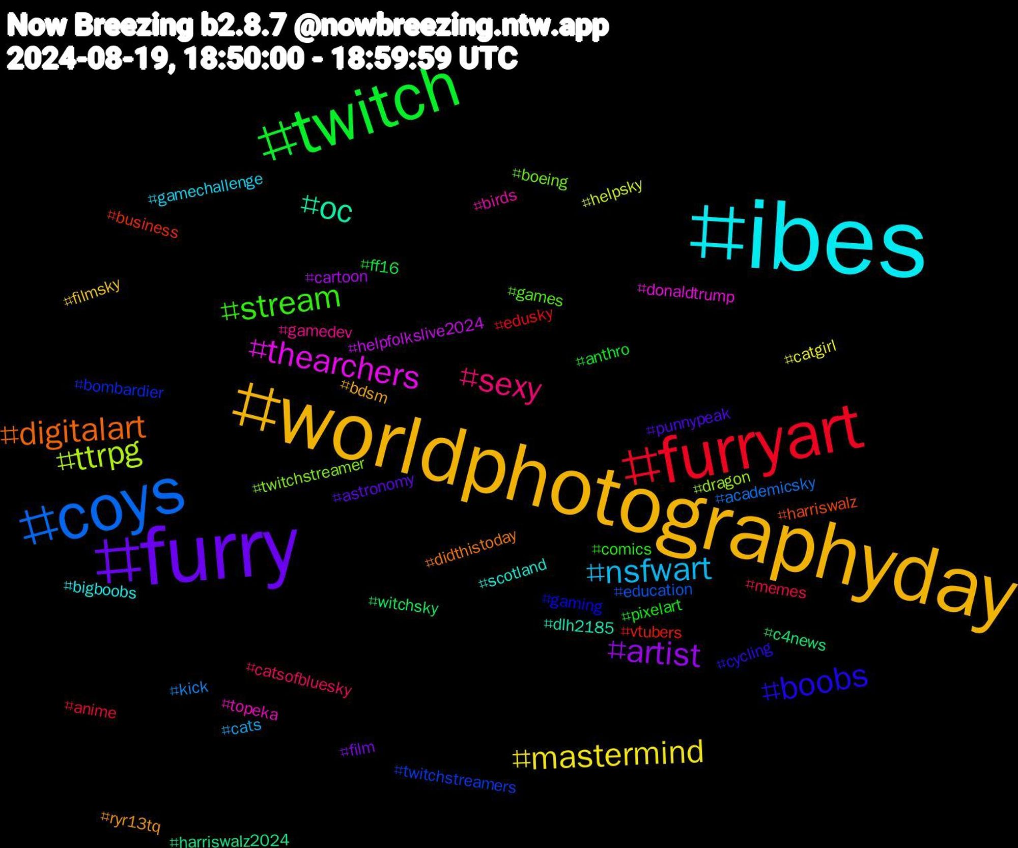 Hashtag Cloud; its hashtagged words/phrases (sorted by weighted frequency, descending):  ibes, worldphotographyday, furry, twitch, furryart, coys, ttrpg, thearchers, oc, digitalart, boobs, stream, sexy, nsfwart, mastermind, artist, witchsky, vtubers, twitchstreamers, twitchstreamer, topeka, scotland, ryr13tq, punnypeak, pixelart, memes, kick, helpsky, helpfolkslive2024, harriswalz2024, harriswalz, gaming, games, gamedev, gamechallenge, filmsky, film, ff16, edusky, education, dragon, donaldtrump, dlh2185, didthistoday, cycling, comics, catsofbluesky, cats, catgirl, cartoon, c4news, business, bombardier, boeing, birds, bigboobs, bdsm, astronomy, anthro, anime, academicsky