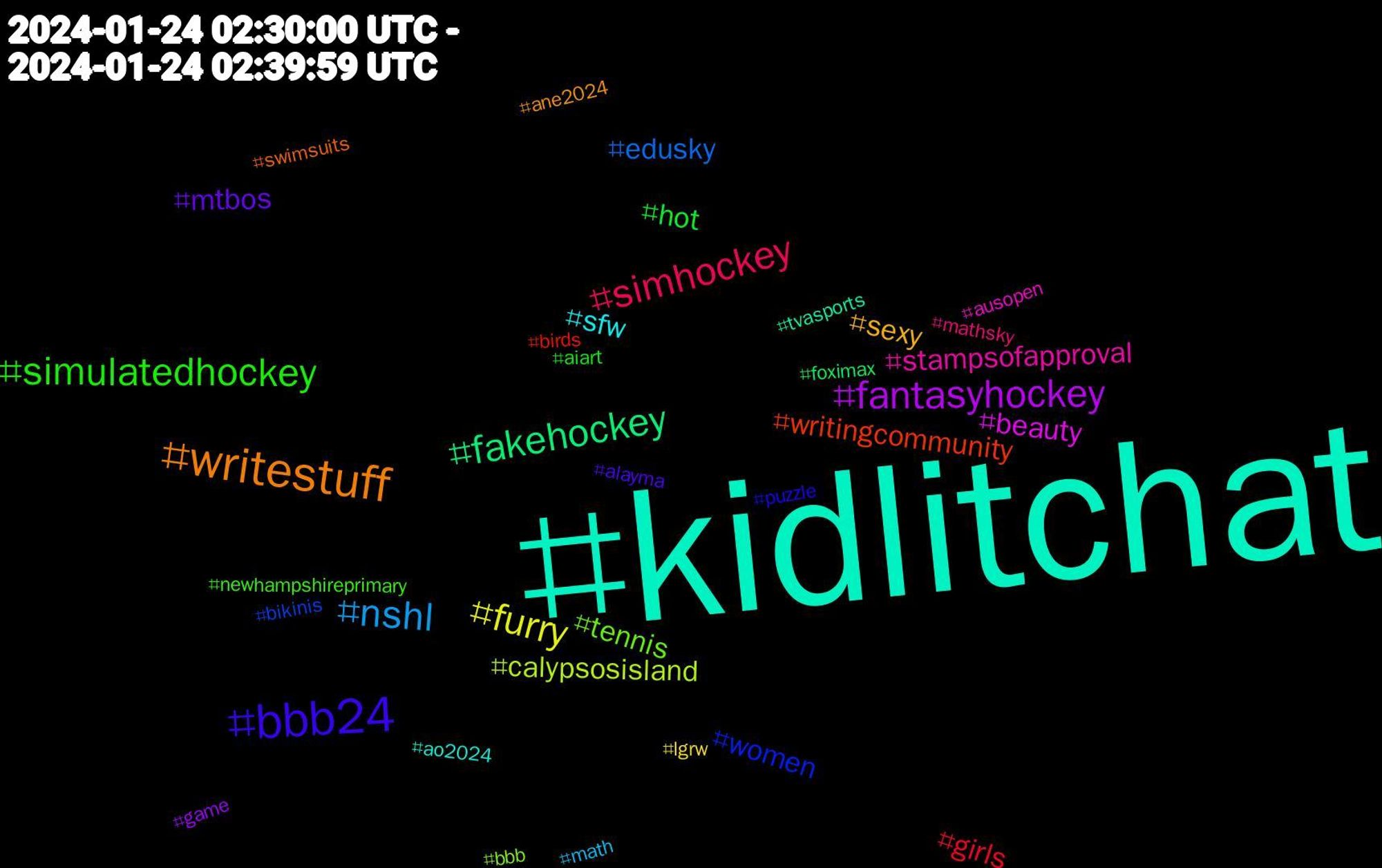 Hashtag Cloud; its hashtagged words/phrases (sorted by weighted frequency, descending):  kidlitchat, writestuff, bbb24, simulatedhockey, simhockey, nshl, furry, fantasyhockey, fakehockey, writingcommunity, women, tennis, stampsofapproval, sfw, sexy, mtbos, hot, girls, edusky, calypsosisland, beauty, tvasports, swimsuits, puzzle, newhampshireprimary, mathsky, math, lgrw, game, foximax, birds, bikinis, bbb, ausopen, ao2024, ane2024, alayma, aiart