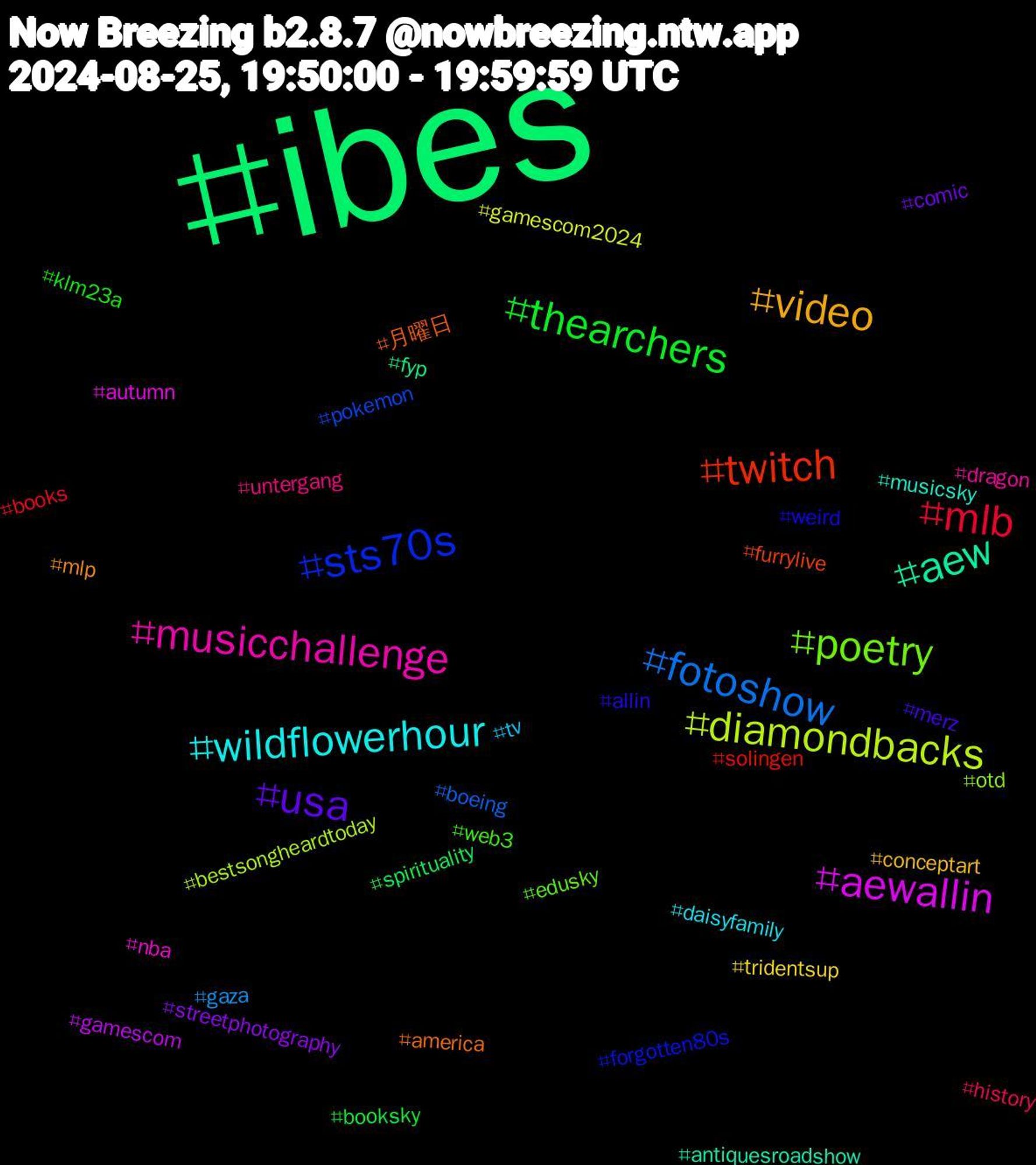 Hashtag Cloud; its hashtagged words/phrases (sorted by weighted frequency, descending):  ibes, twitch, sts70s, poetry, musicchallenge, wildflowerhour, video, usa, thearchers, mlb, fotoshow, diamondbacks, aewallin, aew, 月曜日, weird, web3, untergang, tv, tridentsup, streetphotography, spirituality, solingen, pokemon, otd, nba, musicsky, mlp, merz, klm23a, history, gaza, gamescom2024, gamescom, fyp, furrylive, forgotten80s, edusky, dragon, daisyfamily, conceptart, comic, booksky, books, boeing, bestsongheardtoday, autumn, antiquesroadshow, america, allin