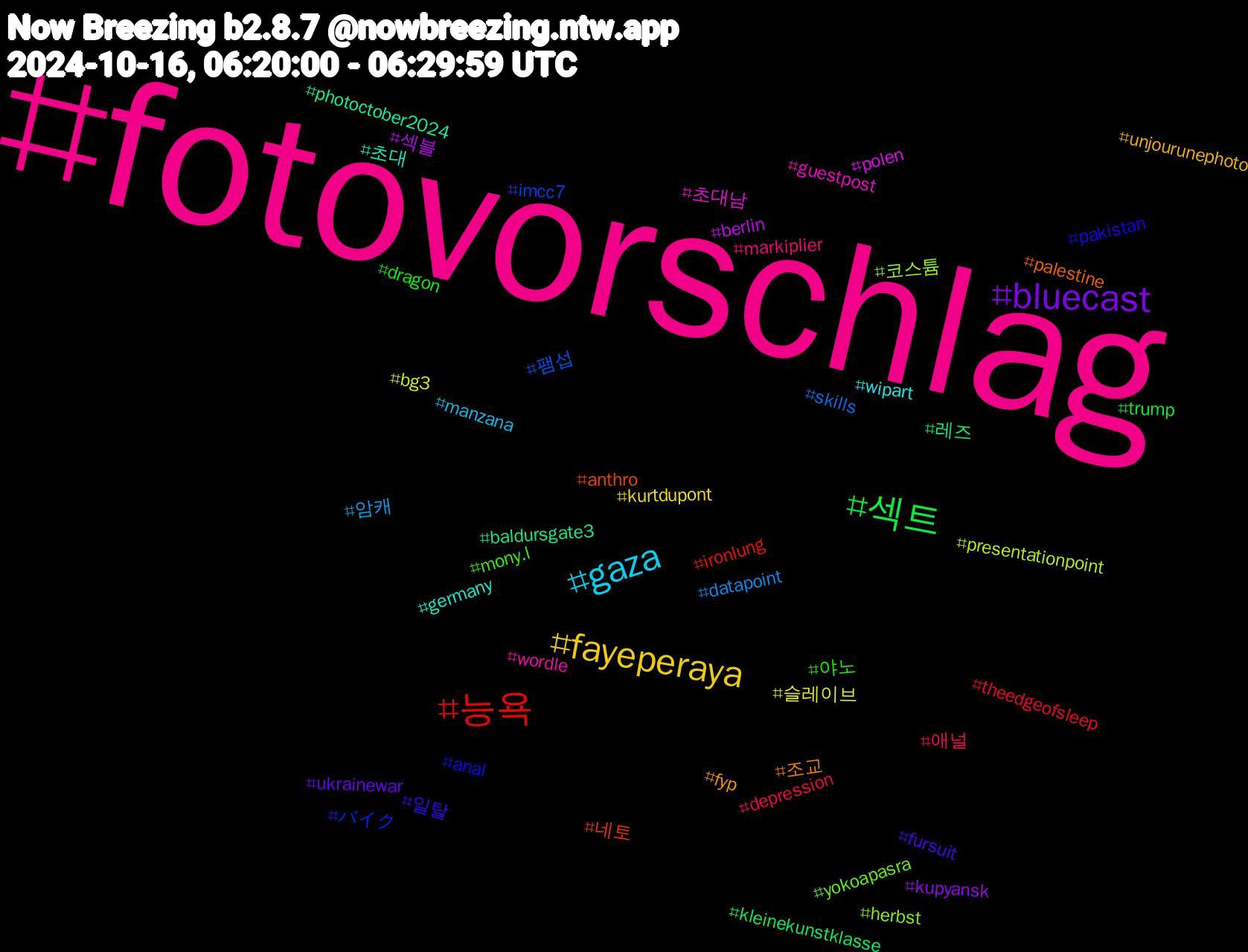 Hashtag Cloud; its hashtagged words/phrases (sorted by weighted frequency, descending):  fotovorschlag, gaza, fayeperaya, bluecast, 섹트, 능욕, 팸섭, 코스튬, 초대남, 초대, 조교, 일탈, 야노, 애널, 암캐, 슬레이브, 섹블, 레즈, 네토, バイク, yokoapasra, wordle, wipart, unjourunephoto, ukrainewar, trump, theedgeofsleep, skills, presentationpoint, polen, photoctober2024, palestine, pakistan, mony.l, markiplier, manzana, kurtdupont, kupyansk, kleinekunstklasse, ironlung, imcc7, herbst, guestpost, germany, fyp, fursuit, dragon, depression, datapoint, bg3, berlin, baldursgate3, anthro, anal