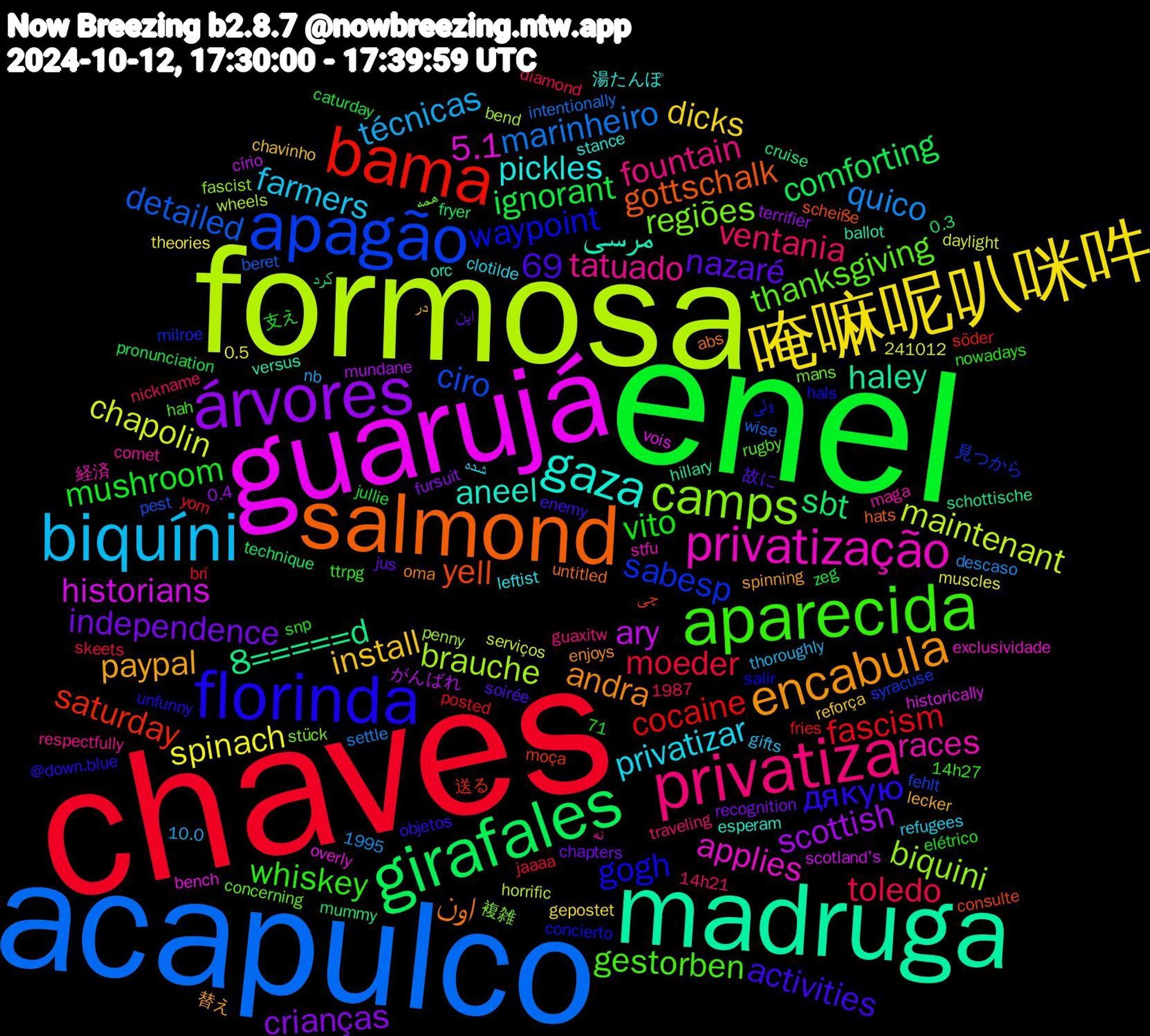 Word Cloud; its top words (sorted by weighted frequency, descending):  enel, chaves, acapulco, formosa, guarujá, madruga, salmond, florinda, aparecida, privatiza, biquíni, 唵嘛呢叭咪吽, árvores, girafales, bama, apagão, camps, privatização, gaza, encabula, vito, toledo, quico, chapolin, ary, 8=====d, 69, yell, waypoint, thanksgiving, tatuado, privatizar, install, independence, ignorant, fascism, detailed, brauche, 5.1, مرسی, اون, дякую, whiskey, ventania, técnicas, spinach, scottish, sbt, saturday, sabesp, regiões, races, pickles, paypal, nazaré, mushroom, moeder, marinheiro, maintenant, historians, haley, gottschalk, gogh, gestorben, fountain, farmers, dicks, crianças, comforting, cocaine, ciro, biquini, applies, aneel, andra, activities, がんばれ, کرد, چی, ولی, همه, نه, شده, در, این, zeg, yom, wise, wheels, vois, versus, untitled, unfunny, ttrpg, traveling, thoroughly, theories, terrifier, technique, söder, syracuse, stück, stfu, stance, spinning, soirée, snp, skeets, settle, serviços, scotland's, schottische, scheiße, salir, rugby, respectfully, refugees, reforça, recognition, pronunciation, posted, pest, penny, overly, orc, oma, objetos, nowadays, nickname, nb, muscles, mundane, mummy, moça, milroe, mans, maga, leftist, lecker, jus, jullie, jaaaa, intentionally, horrific, historically, hillary, hats, hals, hah, guaxitw, gifts, gepostet, fursuit, fryer, fries, fehlt, fascist, exclusividade, esperam, enjoys, enemy, elétrico, diamond, descaso, daylight, círio, cruise, consulte, concierto, concerning, comet, clotilde, chavinho, chapters, caturday, bri, beret, bend, bench, ballot, abs, @down.blue, 71, 241012, 1995, 1987, 14h27, 14h21, 10.0, 0.5, 0.4, 0.3, 送る, 見つから, 複雑, 経済, 湯たんぽ, 替え, 故に, 支え