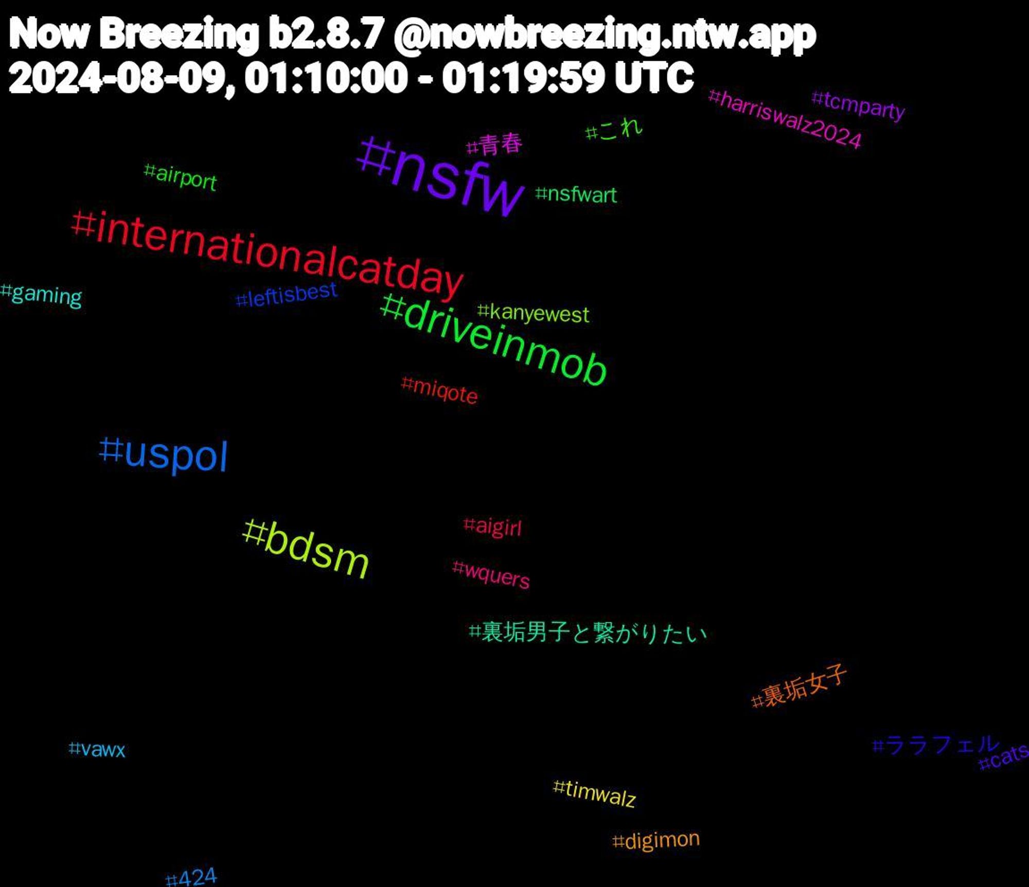 Hashtag Cloud; its hashtagged words/phrases (sorted by weighted frequency, descending):  nsfw, driveinmob, internationalcatday, uspol, bdsm, 青春, 裏垢男子と繋がりたい, 裏垢女子, ララフェル, これ, wquers, vawx, timwalz, tcmparty, nsfwart, miqote, leftisbest, kanyewest, harriswalz2024, gaming, digimon, cats, airport, aigirl, 424