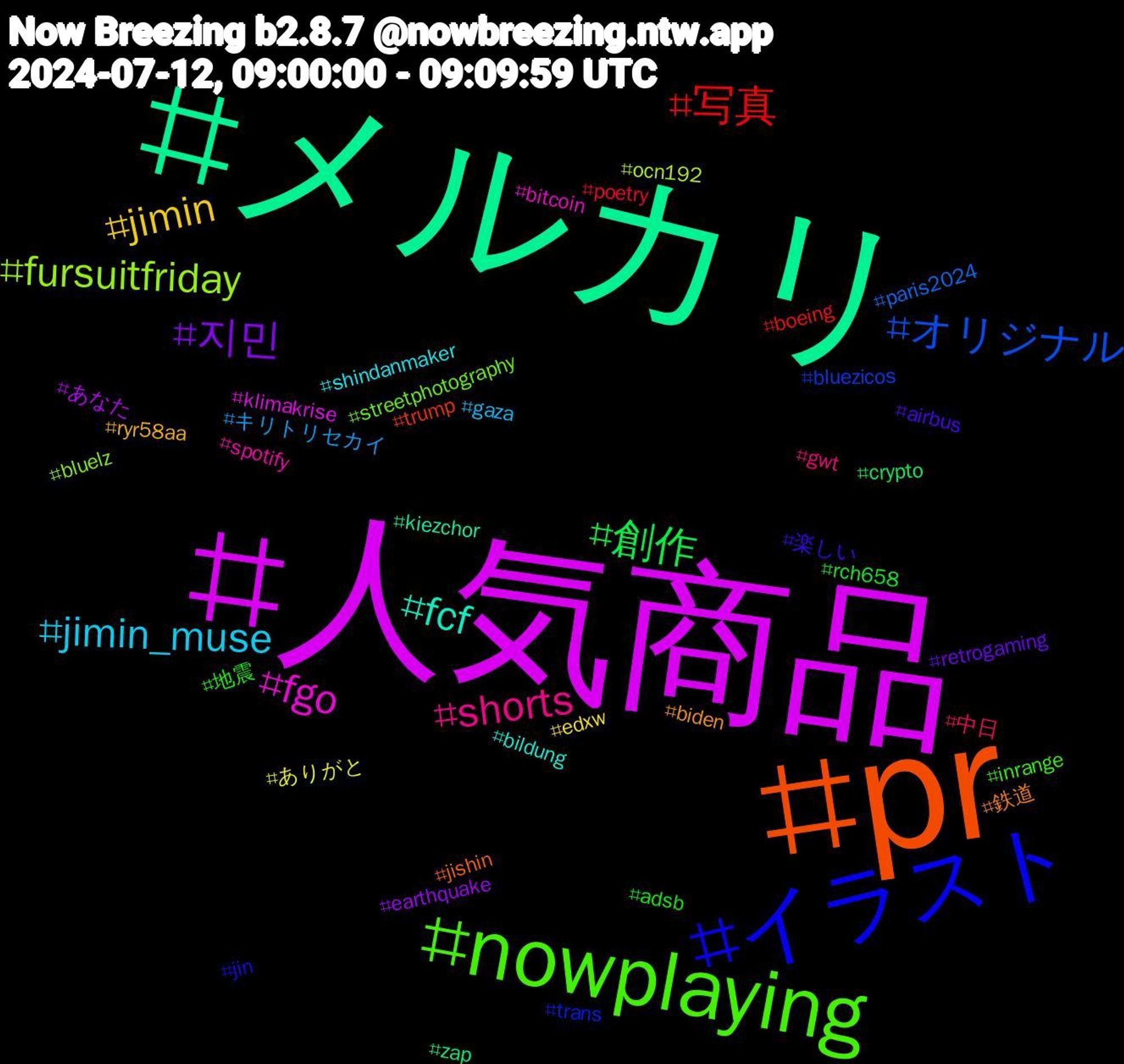 Hashtag Cloud; its hashtagged words/phrases (sorted by weighted frequency, descending):  人気商品, メルカリ, pr, イラスト, nowplaying, shorts, jimin_muse, jimin, 지민, 創作, 写真, オリジナル, fursuitfriday, fgo, fcf, 鉄道, 楽しい, 地震, 中日, キリトリセカイ, ありがと, あなた, zap, trump, trans, streetphotography, spotify, shindanmaker, ryr58aa, retrogaming, rch658, poetry, paris2024, ocn192, klimakrise, kiezchor, jishin, jin, inrange, gwt, gaza, edxw, earthquake, crypto, boeing, bluezicos, bluelz, bitcoin, bildung, biden, airbus, adsb