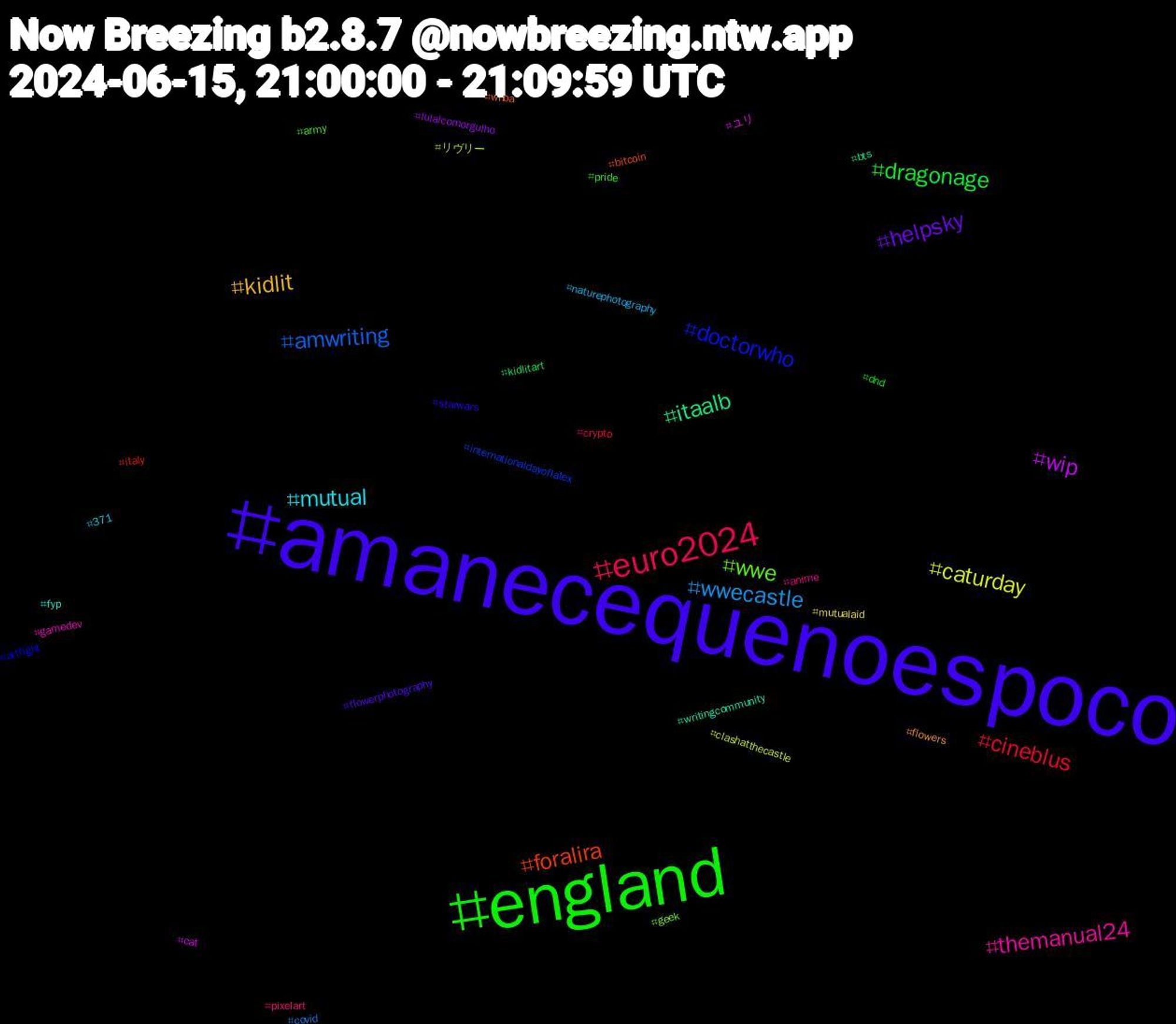 Hashtag Cloud; its hashtagged words/phrases (sorted by weighted frequency, descending):  amanecequenoespoco, england, euro2024, wwecastle, caturday, wip, itaalb, foralira, doctorwho, wwe, themanual24, mutual, kidlit, helpsky, dragonage, cineblus, amwriting, リヴリー, ユリ, writingcommunity, wnba, starwars, pride, pixelart, naturephotography, mutualaid, lulalcomorgulho, kidlitart, italy, internationaldayoflatex, geek, gamedev, fyp, flowers, flowerphotography, dnd, crypto, covid, clashatthecastle, cat, bts, bitcoin, artfight, army, anime, 371