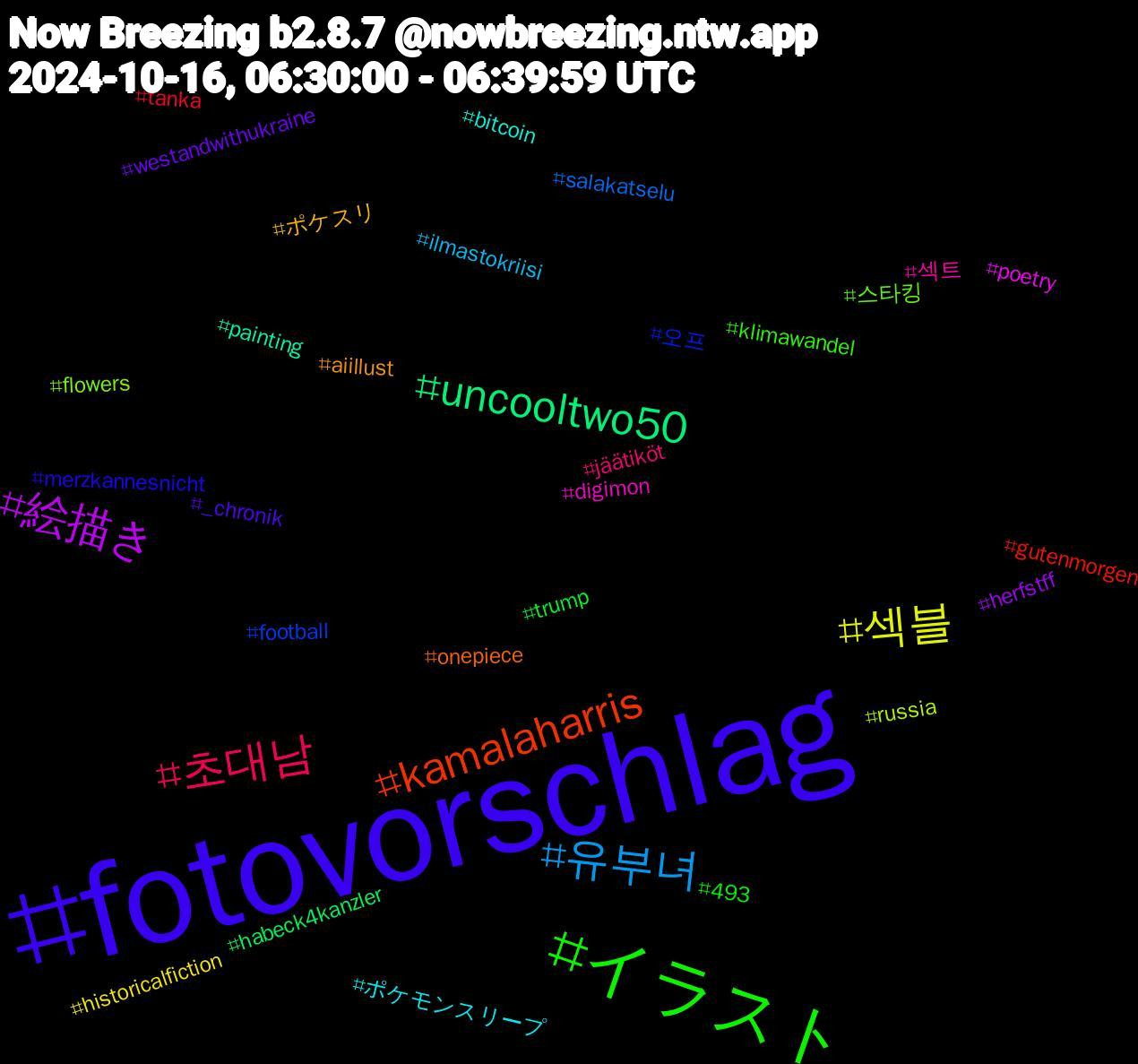 Hashtag Cloud; its hashtagged words/phrases (sorted by weighted frequency, descending):  fotovorschlag, イラスト, 초대남, 유부녀, 섹블, 絵描き, uncooltwo50, kamalaharris, 오프, 스타킹, 섹트, ポケモンスリープ, ポケスリ, westandwithukraine, trump, tanka, salakatselu, russia, poetry, painting, onepiece, merzkannesnicht, klimawandel, jäätiköt, ilmastokriisi, historicalfiction, herfstff, habeck4kanzler, gutenmorgen, football, flowers, digimon, bitcoin, aiillust, _chronik, 493