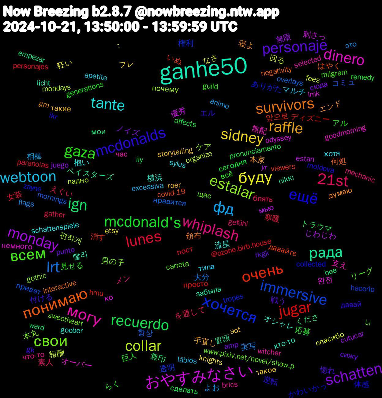 Word Cloud; its top words (sorted by weighted frequency, descending):  ganhe50, survivors, mcdonalds, gaza, 21st, фд, буду, monday, ign, очень, хочется, свои, могу, tante, raffle, personaje, mcdonald's, lunes, lrt, collar, おやすみなさい, рада, понимаю, ещё, всем, whiplash, webtoon, sidney, schatten, recuerdo, jugar, immersive, estalar, dinero, 横浜, 寝よ, 付ける, らく, えぐい, это, спасибо, мью, мои, давайте, zayne, www.pixiv.net/novel/show.p, witcher, sylus, storytelling, punto, pronunciamento, personajes, mornings, mondays, lmk, licht, interactive, ikr, guild, gefühl, excessiva, etsy, cutucar, bee, 앞으로, 透明, 男の子, 無配, 流星, 本家, 惚れ, 応募, 寒暖, 実写, 回る, 優秀, ベイスターズ, はやく, かわいかっ, انا, что-то, типа, такое, сюда, сделать, просто, привет, почему, немного, кто-то, думаю, давай, всё, блять, ánimo, ´-, yr, ward, viewers, tropes, sweetheart, selected, schattenspiele, roer, rkgk, remedy, paranoias, overlays, organize, odyssey, nikki, negativity, moldova, milgram, mechanic, lábios, knights, juego, ily, hmu, hacerlo, gothic, goodmorning, goober, gm, gk, generations, gather, flags, fees, estan, empezar, covid-19, collected, carreta, brics, apetite, aot, amp, affects, @ozone.birb.house, 항상, 편하게, 완전, 빨리, 頒布, 逆転, 見せる, 素人, 相棒, 狂い, 無限, 無印, 消す, 権利, 本丸, 支え, 抱い, 手直し, 戦う, 巨人, 女装, 大分, 報酬, 刺さっ, 冒頭, 何処, 体感, リーグ, メン, マルチ, フレ, ノイズ, トラウマ, ディズニー, コミュ, ケア, オーバー, オシャレ, エンド, エル, アル, を通して, よお, なさ, じわじわ, くださ, いぬ, ありがた, щас, час, хотя, такие, сижу, сегодня, пост, нравится, ладно, ко, забыла