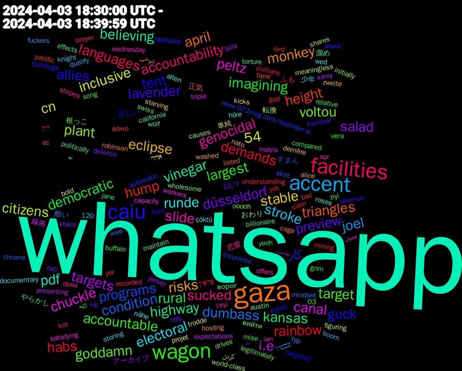 Word Cloud; its top words (sorted by weighted frequency, descending):  whatsapp, gaza, caiu, wagon, facilities, accent, targets, kansas, hump, کار, voltou, slide, runde, risks, preview, imagining, habs, dumbass, cn, canal, vinegar, triangles, tent, target, sucked, stroke, stable, salad, rural, rainbow, programs, plant, peltz, pdf, monkey, lavender, largest, languages, joel, inclusive, i.e, highway, height, guck, goddamn, genocidal, electoral, eclipse, düsseldorf, democratic, demands, condition, citizens, chuckle, believing, april, allies, accountable, accountability, 54, کردن, نیست, ziyi, yer, www.972mag.com/lavender-ai-, wholesome, wednesday, wed, washed, väl, vera, understanding, typ, trodde, triple, torture, tiere, targeted, swiss, stripes, storing, starving, stairs, song, slam, skirt, shares, satisfying, roses, robinson, revenue, relative, recorded, qualify, projet, presenting, politically, pacific, opposite, ooooh, offers, nähe, nato, mlb, mise, mining, mindset, meaningless, matrix, maintain, listed, licht, legitimately, kot, knight, kicks, jersey, jane, isnt, insurance, initially, ian, höre, hosting, hammer, grim, golf, fuckers, figuring, expectations, effects, ec, eaten, drives, dose, documentary, derrière, defence, compared, civilians, chrome, causes, capacity, california, cage, buildings, buffalo, breyer, boom, bold, bills, billionaire, bail, automatic, austin, apr, alten, alice, 120, 10/7, 03, פּלאָץ, 酷い, 転換, 線画, 溜め, 正気, 正しい, 根っこ, 恋愛, 少年, 単純, アーカイブ, やらかし, ふも, すまん, おわり, همین, نه, شوخی, بر, الله, רק, עכשיו, אחד, хочу, ворог, воно, вона, вийти, şeyi, çöktü, zweite, zap, yeoh, ych, wwe, world-class, workers, wolf