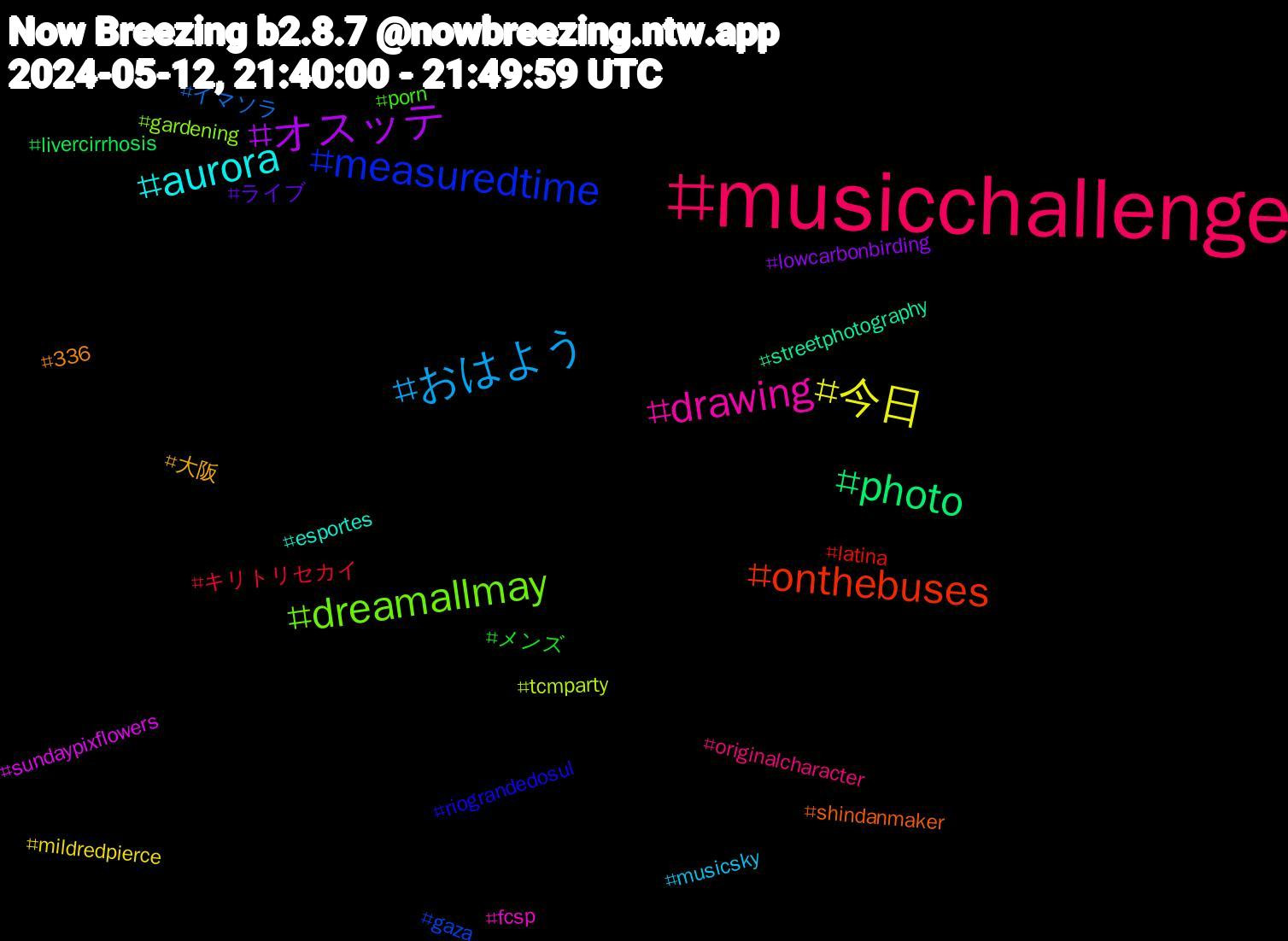 Hashtag Cloud; its hashtagged words/phrases (sorted by weighted frequency, descending):  musicchallenge, おはよう, 今日, オスッテ, photo, onthebuses, measuredtime, dreamallmay, drawing, aurora, 大阪, ライブ, メンズ, キリトリセカイ, イマソラ, tcmparty, sundaypixflowers, streetphotography, shindanmaker, riograndedosul, porn, originalcharacter, musicsky, mildredpierce, lowcarbonbirding, livercirrhosis, latina, gaza, gardening, fcsp, esportes, 336