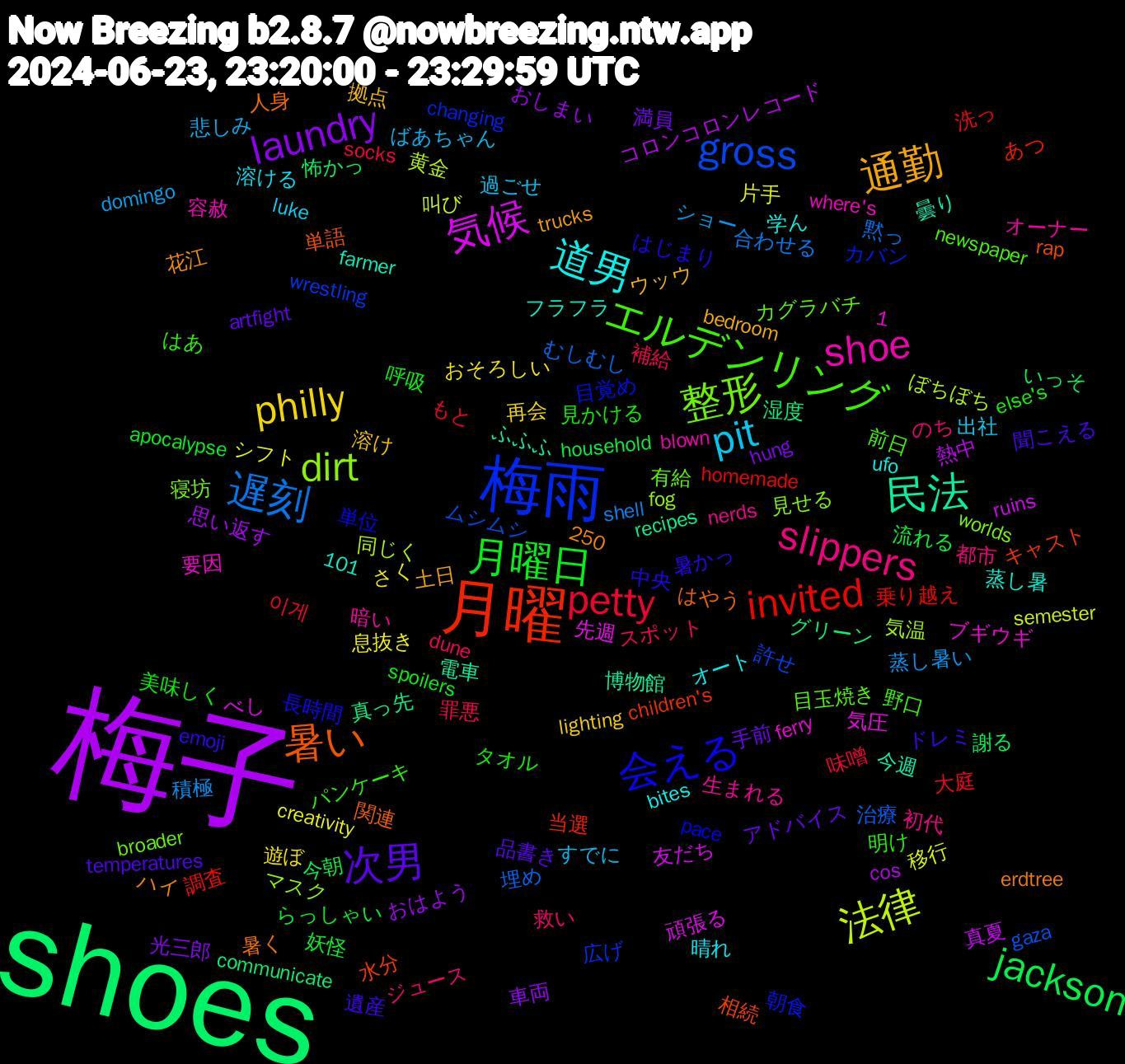 Word Cloud; its top words (sorted by weighted frequency, descending):  梅子, shoes, 月曜, 梅雨, 整形, shoe, 道男, 通勤, 次男, 月曜日, petty, 遅刻, 法律, 気候, 民法, 暑い, 会える, エルデンリング, slippers, pit, philly, laundry, jackson, invited, gross, dirt, 遺産, 見かける, 補給, 蒸し暑い, 片手, 熱中, 湿度, 水分, 朝食, 有給, 暗い, 晴れ, 拠点, 手前, 妖怪, 大庭, 埋め, 同じく, 先週, 今週, 人身, 中央, パンケーキ, ジュース, ばあちゃん, さく, おはよう, いっそ, あつ, wrestling, worlds, where's, ufo, trucks, temperatures, spoilers, socks, shell, semester, ruins, recipes, rap, pace, newspaper, nerds, luke, lighting, hung, household, homemade, gaza, fog, ferry, farmer, erdtree, emoji, else's, dune, domingo, creativity, cos, communicate, children's, changing, broader, blown, bites, bedroom, artfight, apocalypse, 250, 1,101, 이게, 黙っ, 黄金, 頑張る, 電車, 関連, 長時間, 野口, 都市, 過ごせ, 遊ぼ, 車両, 謝る, 調査, 許せ, 見せる, 要因, 蒸し暑, 花江, 聞こえる, 美味しく, 罪悪, 積極, 移行, 真夏, 真っ先, 相続, 目覚め, 目玉焼き, 生まれる, 溶ける, 溶け, 満員, 流れる, 洗っ, 治療, 気温, 気圧, 曇り, 暑く, 暑かっ, 明け, 救い, 悲しみ, 息抜き, 思い返す, 怖かっ, 当選, 広げ, 寝坊, 容赦, 学ん, 土日, 品書き, 呼吸, 味噌, 合わせる, 叫び, 友だち, 博物館, 単語, 単位, 前日, 初代, 出社, 再会, 光三郎, 今朝, 乗り越え, ムシムシ, マスク, ブギウギ, フラフラ, ハイ, ドレミ, タオル, スポット, ショー, シフト, コロンコロンレコード, グリーン, キャスト, カバン, カグラバチ, オーナー, オート, ウッウ, アドバイス, らっしゃい, もと, むしむし, ぼちぼち, べし, ふふふ, はやう, はじまり, はあ, のち, すでに, おそろしい, おしまい, あかん