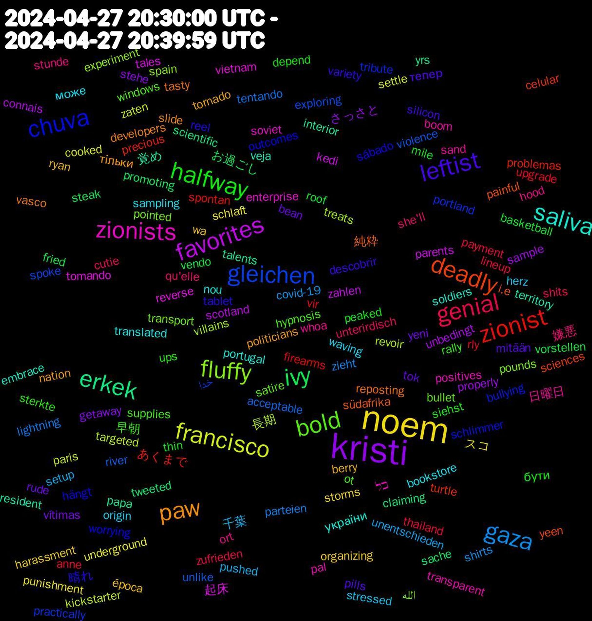 Word Cloud; its top words (sorted by weighted frequency, descending):  noem, kristi, ivy, zionist, gleichen, fluffy, zionists, saliva, paw, leftist, halfway, genial, gaza, francisco, favorites, erkek, deadly, chuva, bold, 日曜日, може, época, yeni, vendo, upgrade, unlike, treats, tomando, territory, tasty, tablet, sterkte, she'll, setup, schlaft, sample, sache, precious, portland, pointed, pal, nou, nation, mitään, mile, lineup, lightning, kickstarter, kedi, interior, i.e, hängt, hypnosis, hood, herz, harassment, getaway, fried, firearms, exploring, experiment, enterprise, embrace, developers, descobrir, depend, cutie, covid-19, cooked, connais, claiming, celular, bullying, bullet, boom, bookstore, berry, bean, basketball, anne, acceptable, 長期, 起床, 覚め, 純粋, 晴れ, 早朝, 嫌悪, 千葉, スコ, さっさと, お過ごし, あくまで, خدا, الله, כל, україни, тільки, тепер, бути, zufrieden, zieht, zaten, zahlen, yrs, yeen, worrying, windows, whoa, waving, wa, vítimas, vorstellen, vir, violence, villains, vietnam, veja, vasco, variety, ups, unterirdisch, unentschieden, underground, unbedingt, tweeted, turtle, tribute, transport, transparent, translated, tornado, tok, thin, thailand, tentando, targeted, tales, talents, südafrika, sábado, supplies, stunde, stressed, storms, stehe, steak, spontan, spoke, spain, soviet, soldiers, slide, silicon, siehst, shits, shirts, settle, scotland, scientific, sciences, schlimmer, satire, sand, sampling, ryan, rude, roof, rly, river, revoir, reverse, resident, reposting, reel, rally, qu'elle, pushed, punishment, properly, promoting, problemas, practically, pounds, positives, portugal, politicians, pills, peaked, payment, parteien, paris, parents, papa, painful, outcomes, ot, ort, origin, organizing