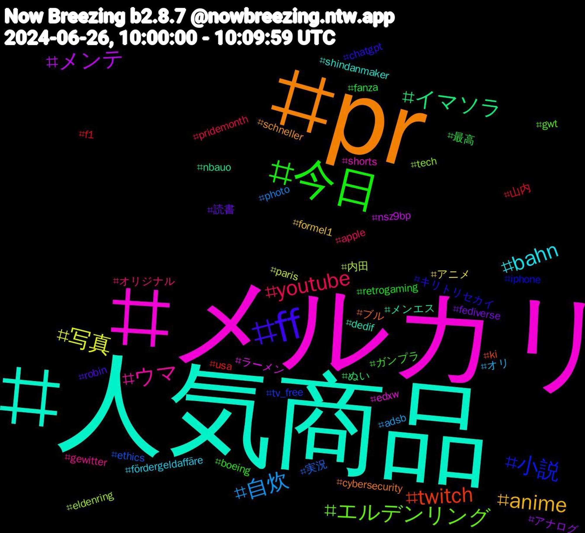 Hashtag Cloud; its hashtagged words/phrases (sorted by weighted frequency, descending):  メルカリ, 人気商品, pr, ff, 今日, youtube, 自炊, 写真, メンテ, イマソラ, twitch, 小説, エルデンリング, ウマ, bahn, anime, 読書, 最高, 山内, 実況, 内田, ラーメン, メンエス, ブル, キリトリセカイ, ガンプラ, オリジナル, オリ, アニメ, アナログ, ぬい, usa, tv_free, tech, shorts, shindanmaker, schneller, robin, retrogaming, pridemonth, photo, paris, nsz9bp, nbauo, ki, iphone, gwt, gewitter, fördergeldaffäre, formel1, fediverse, fanza, f1, ethics, eldenring, edxw, dedif, cybersecurity, chatgpt, boeing, apple, adsb